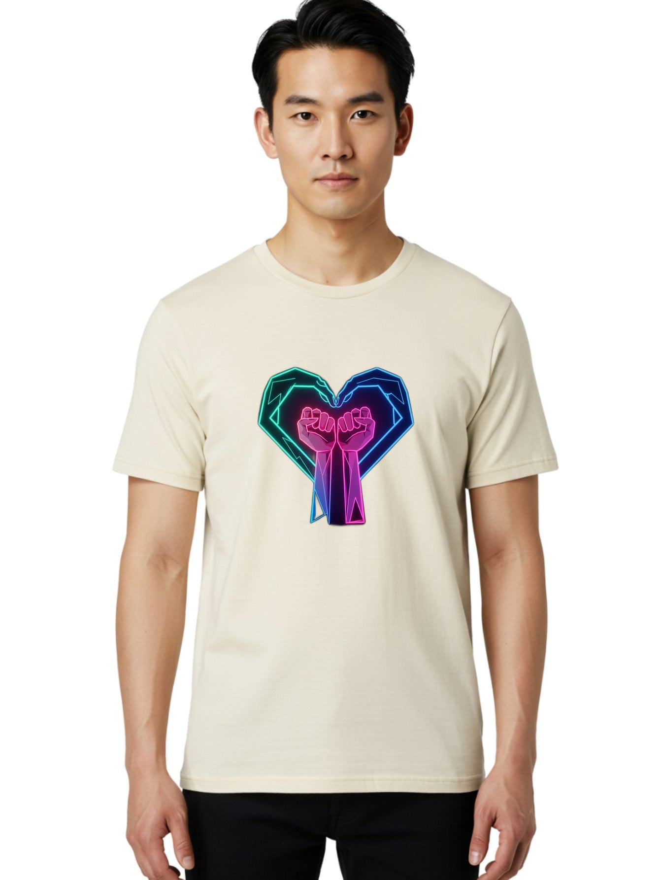 Fists-In-Heart Men'S Graphic Tee, 100% Cotton, Comfortable Casual Summer Wear, Machine Washable, Raised Fists, Heart Shape, Neon Lights, Solidarity Symbol, Unity, Social Justice, Protest, Activism, Empowerment, Love Bab906 27