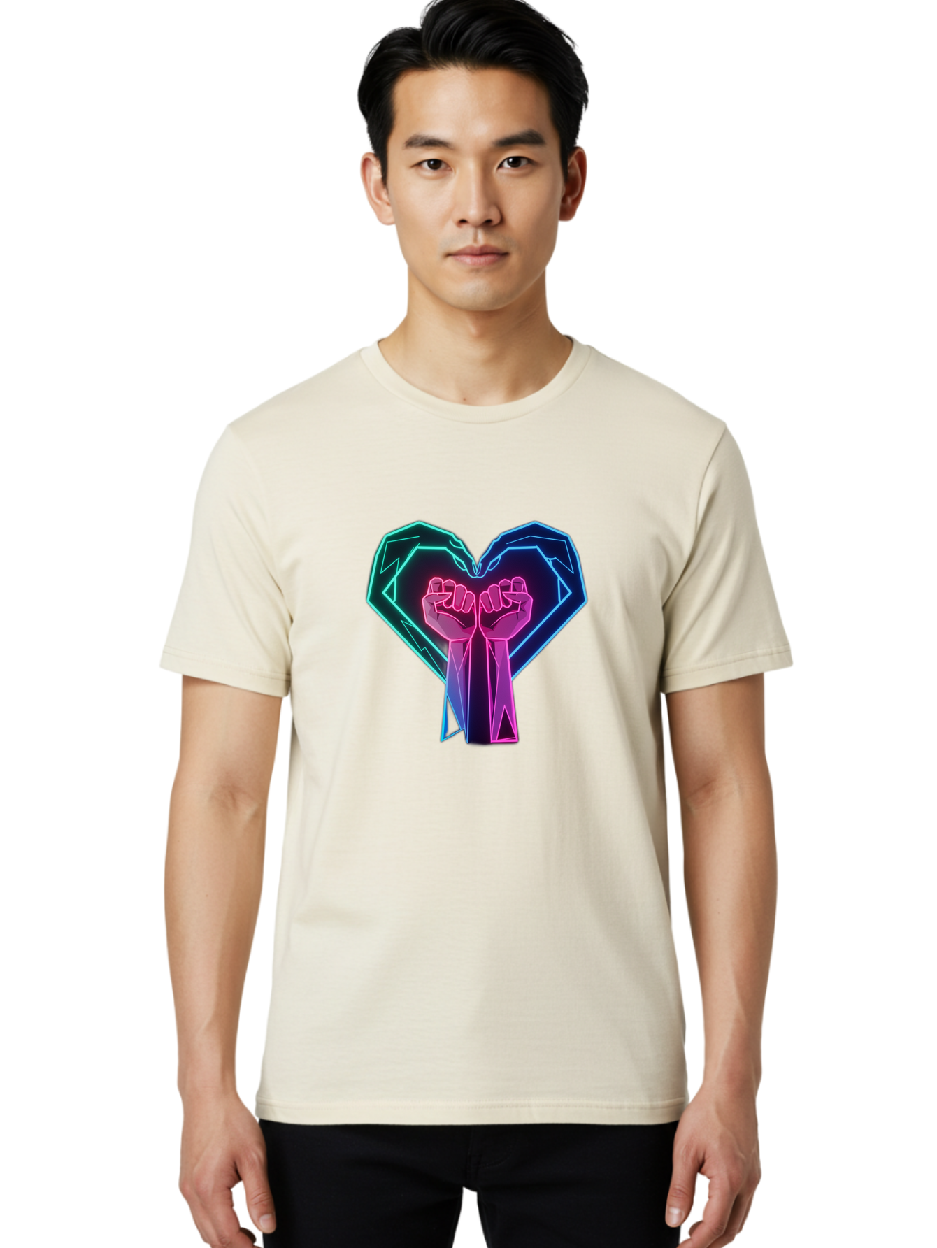 Fists-In-Heart Men'S Graphic Tee, 100% Cotton, Comfortable Casual Summer Wear, Machine Washable, Raised Fists, Heart Shape, Neon Lights, Solidarity Symbol, Unity, Social Justice, Protest, Activism, Empowerment, Love Bab906 19