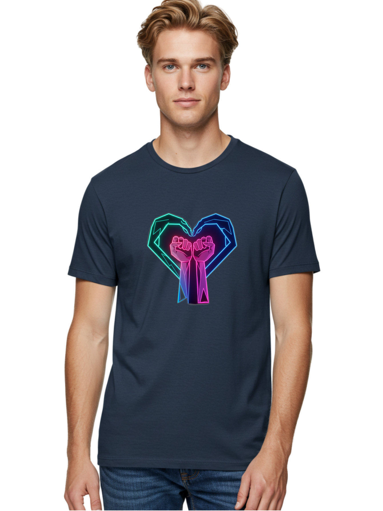 Fists-In-Heart Men'S Graphic Tee, 100% Cotton, Comfortable Casual Summer Wear, Machine Washable, Raised Fists, Heart Shape, Neon Lights, Solidarity Symbol, Unity, Social Justice, Protest, Activism, Empowerment, Love Bab906 17