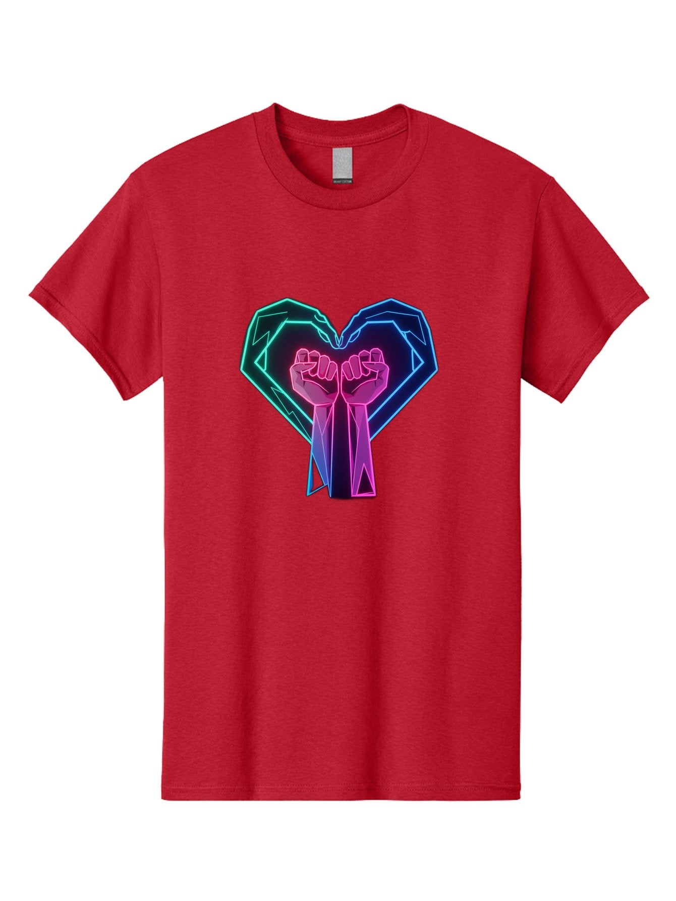 Fists-In-Heart Men'S Graphic Tee, 100% Cotton, Comfortable Casual Summer Wear, Machine Washable, Raised Fists, Heart Shape, Neon Lights, Solidarity Symbol, Unity, Social Justice, Protest, Activism, Empowerment, Love Bab906 15
