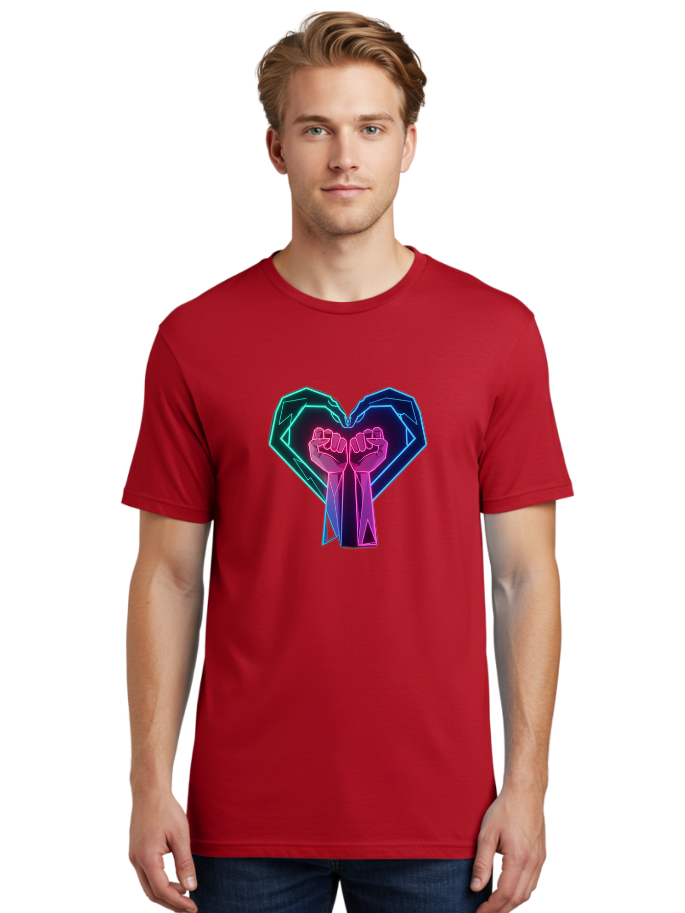 Fists-In-Heart Men'S Graphic Tee, 100% Cotton, Comfortable Casual Summer Wear, Machine Washable, Raised Fists, Heart Shape, Neon Lights, Solidarity Symbol, Unity, Social Justice, Protest, Activism, Empowerment, Love Bab906 16