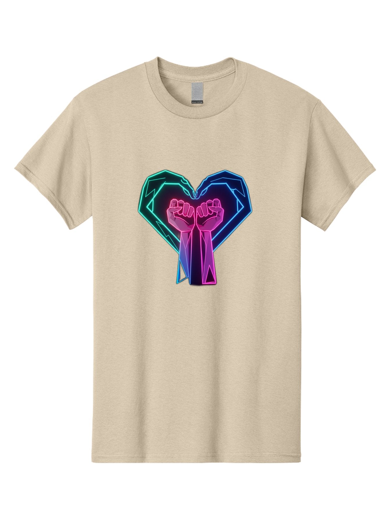 Fists-In-Heart Men'S Graphic Tee, 100% Cotton, Comfortable Casual Summer Wear, Machine Washable, Raised Fists, Heart Shape, Neon Lights, Solidarity Symbol, Unity, Social Justice, Protest, Activism, Empowerment, Love Bab906 9