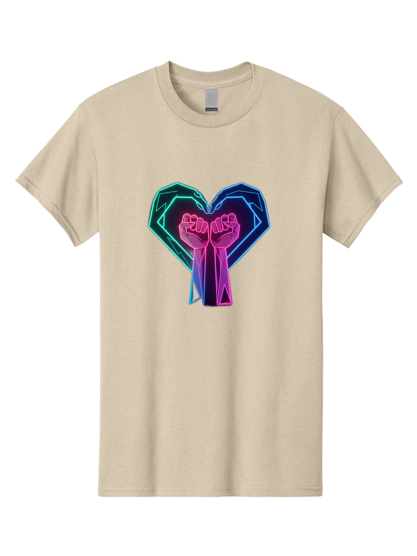 Fists-In-Heart Men'S Graphic Tee, 100% Cotton, Comfortable Casual Summer Wear, Machine Washable, Raised Fists, Heart Shape, Neon Lights, Solidarity Symbol, Unity, Social Justice, Protest, Activism, Empowerment, Love Bab906 5