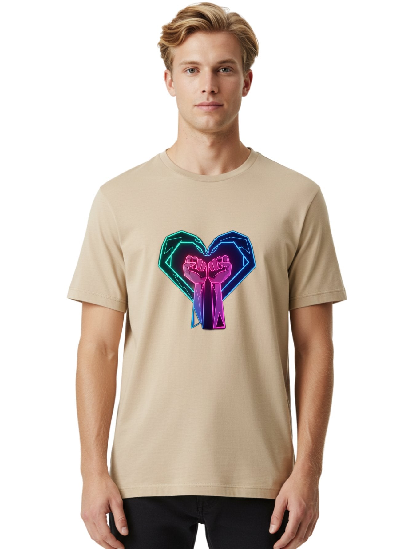 Fists-In-Heart Men'S Graphic Tee, 100% Cotton, Comfortable Casual Summer Wear, Machine Washable, Raised Fists, Heart Shape, Neon Lights, Solidarity Symbol, Unity, Social Justice, Protest, Activism, Empowerment, Love Bab906 26