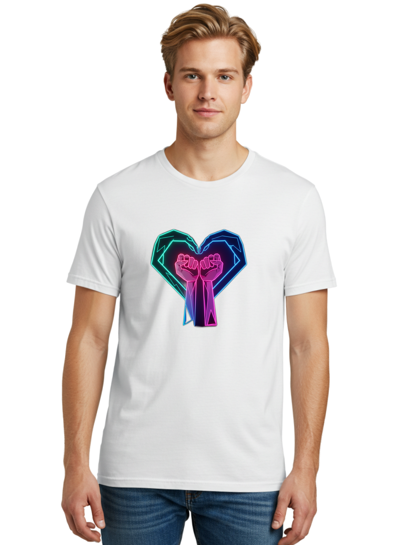 Fists-In-Heart Men'S Graphic Tee, 100% Cotton, Comfortable Casual Summer Wear, Machine Washable, Raised Fists, Heart Shape, Neon Lights, Solidarity Symbol, Unity, Social Justice, Protest, Activism, Empowerment, Love Bab906 29