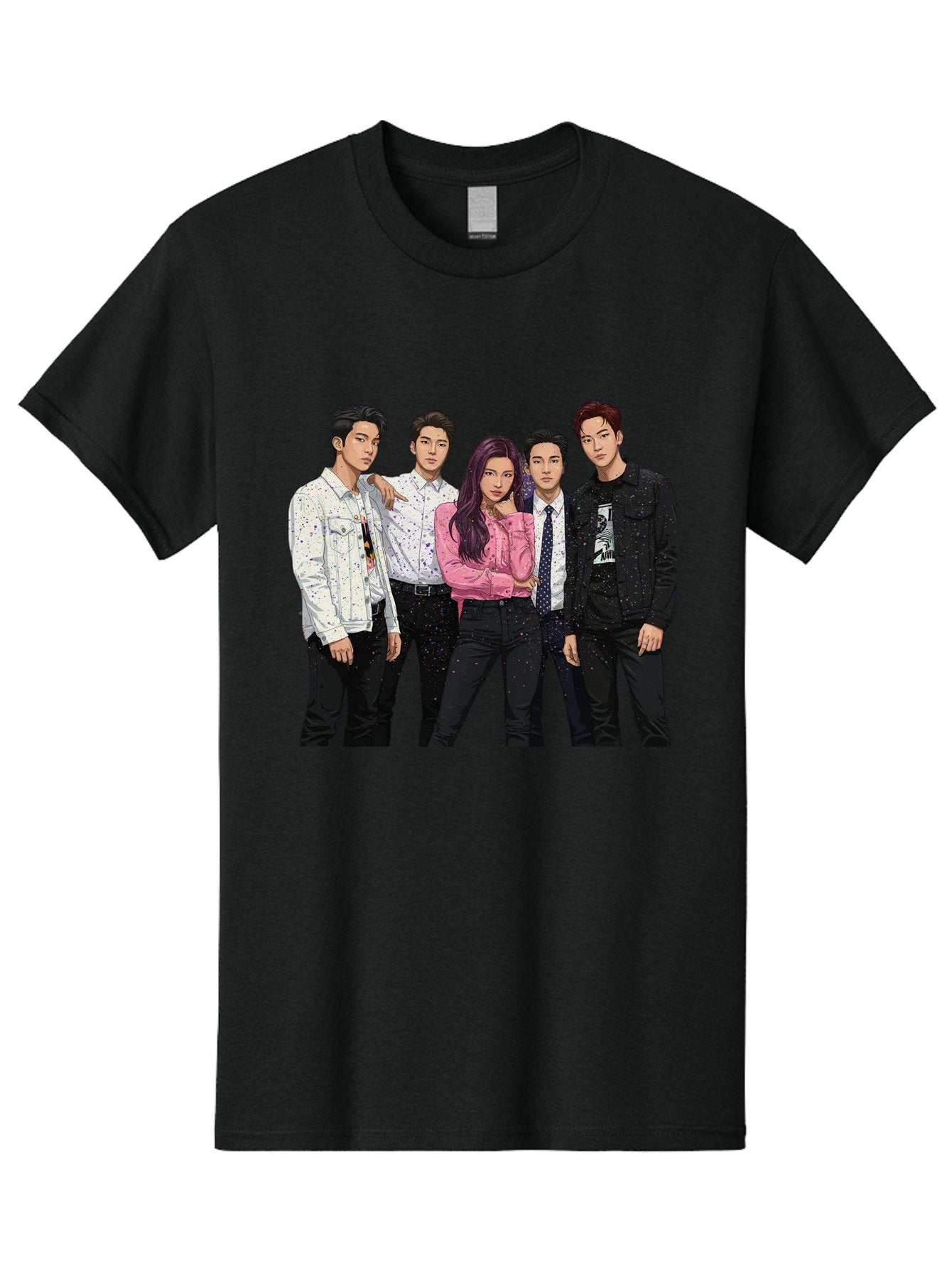 Five-People Men'S Graphic Tee, 100% Cotton, Comfortable Casual Summer Wear, Machine Washable, Group Of Young Adults, Casual Fashion, Streetwear Style, Pink Shirt, White Shirts, Black Pants, Denim Jackets, K-Pop Fashion Bab907