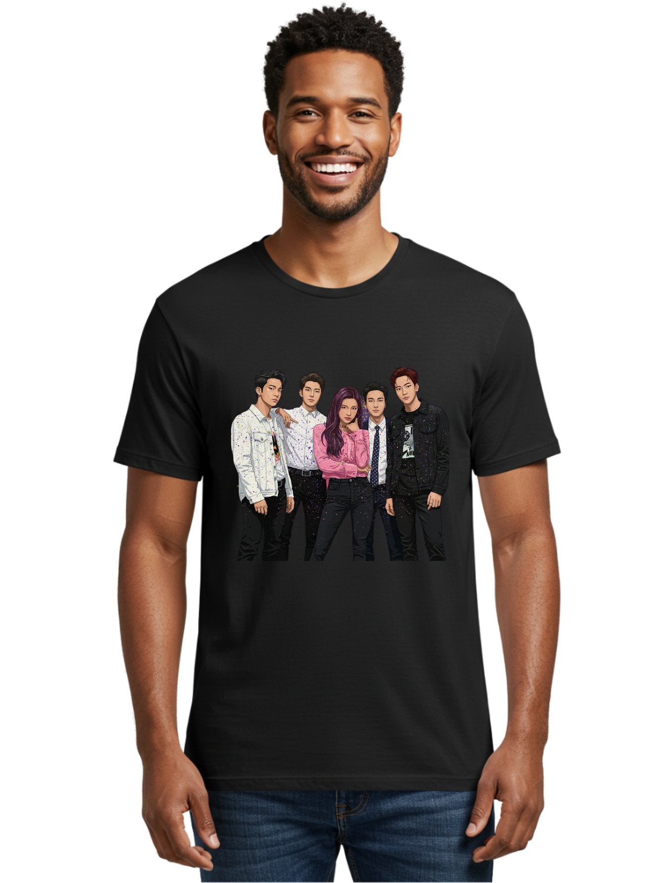 Five-People Men'S Graphic Tee, 100% Cotton, Comfortable Casual Summer Wear, Machine Washable, Group Of Young Adults, Casual Fashion, Streetwear Style, Pink Shirt, White Shirts, Black Pants, Denim Jackets, K-Pop Fashion Bab907 21