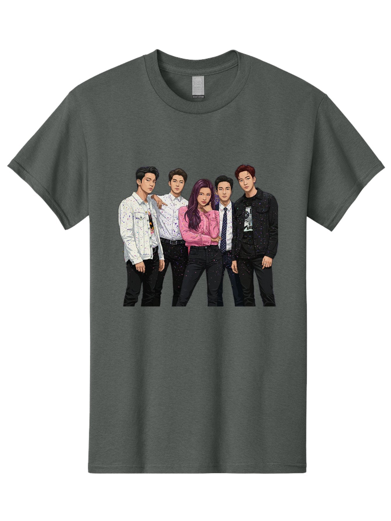 Five-People Men'S Graphic Tee, 100% Cotton, Comfortable Casual Summer Wear, Machine Washable, Group Of Young Adults, Casual Fashion, Streetwear Style, Pink Shirt, White Shirts, Black Pants, Denim Jackets, K-Pop Fashion Bab907 10