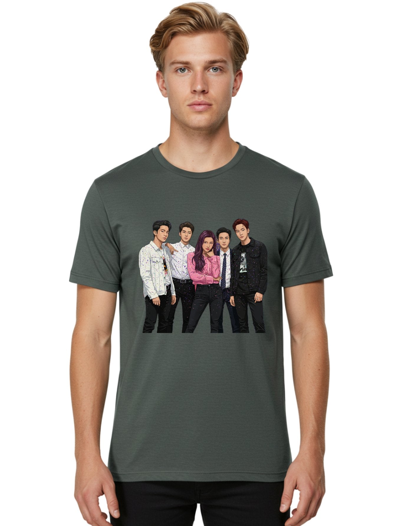 Five-People Men'S Graphic Tee, 100% Cotton, Comfortable Casual Summer Wear, Machine Washable, Group Of Young Adults, Casual Fashion, Streetwear Style, Pink Shirt, White Shirts, Black Pants, Denim Jackets, K-Pop Fashion Bab907 17