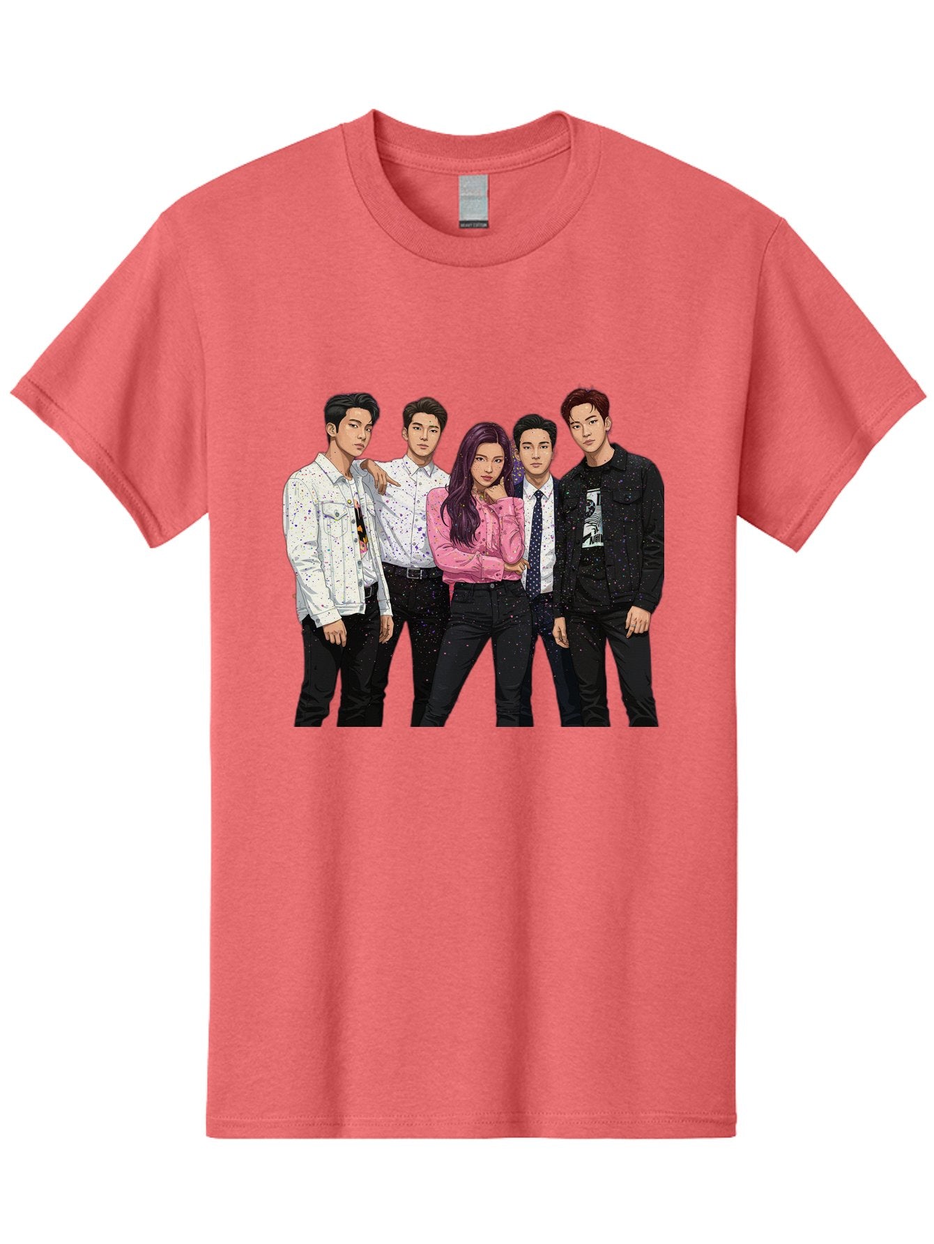Five-People Men'S Graphic Tee, 100% Cotton, Comfortable Casual Summer Wear, Machine Washable, Group Of Young Adults, Casual Fashion, Streetwear Style, Pink Shirt, White Shirts, Black Pants, Denim Jackets, K-Pop Fashion Bab907 13
