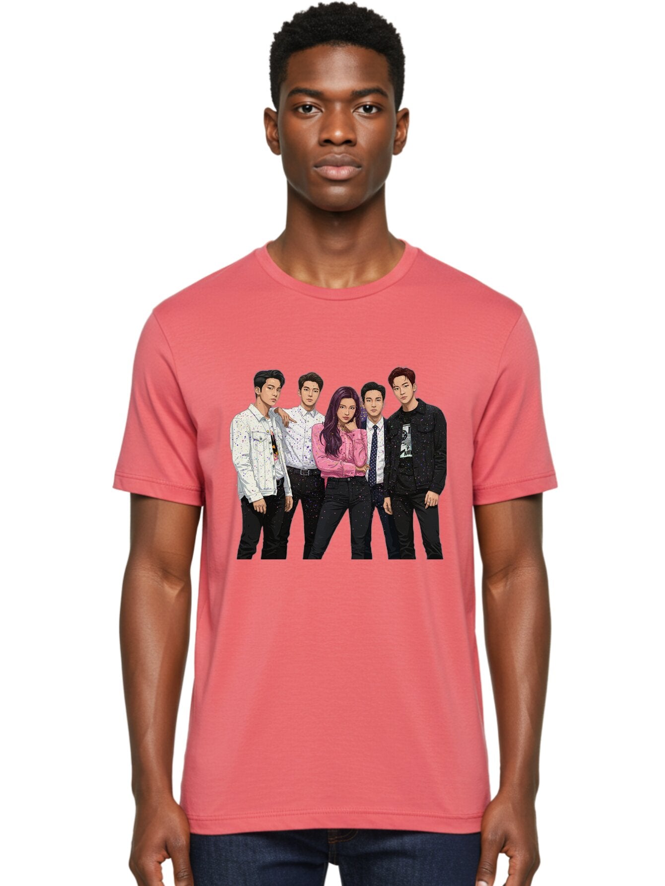 Five-People Men'S Graphic Tee, 100% Cotton, Comfortable Casual Summer Wear, Machine Washable, Group Of Young Adults, Casual Fashion, Streetwear Style, Pink Shirt, White Shirts, Black Pants, Denim Jackets, K-Pop Fashion Bab907 20