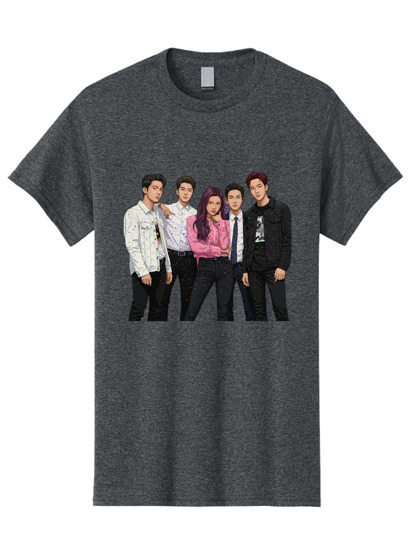 Five-People Men'S Graphic Tee, 100% Cotton, Comfortable Casual Summer Wear, Machine Washable, Group Of Young Adults, Casual Fashion, Streetwear Style, Pink Shirt, White Shirts, Black Pants, Denim Jackets, K-Pop Fashion Bab907 9