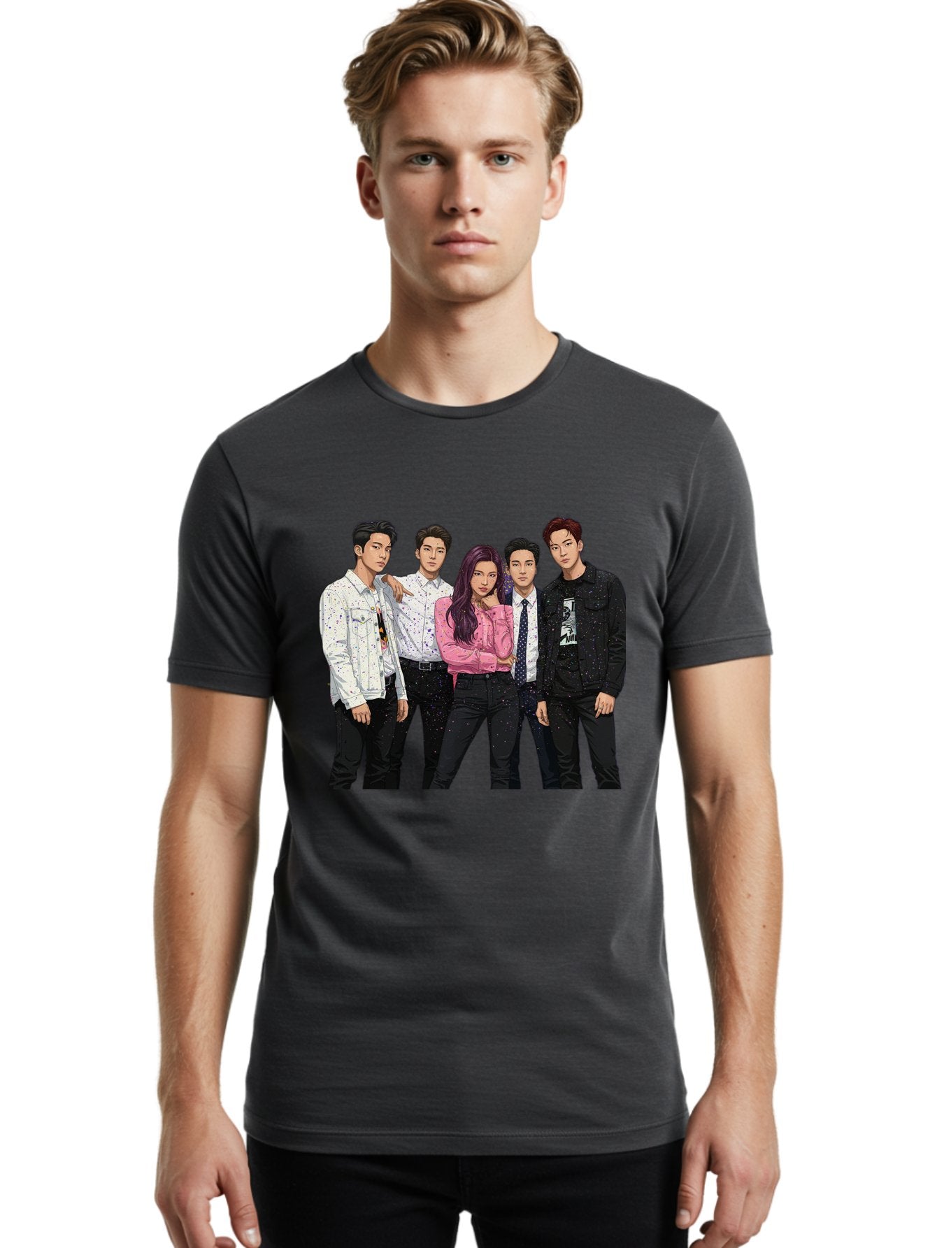 Five-People Men'S Graphic Tee, 100% Cotton, Comfortable Casual Summer Wear, Machine Washable, Group Of Young Adults, Casual Fashion, Streetwear Style, Pink Shirt, White Shirts, Black Pants, Denim Jackets, K-Pop Fashion Bab907 26