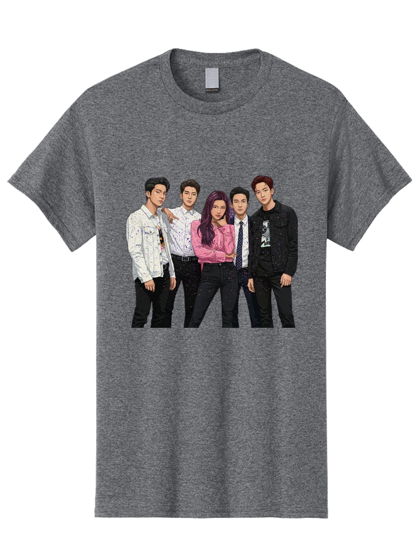 Five-People Men'S Graphic Tee, 100% Cotton, Comfortable Casual Summer Wear, Machine Washable, Group Of Young Adults, Casual Fashion, Streetwear Style, Pink Shirt, White Shirts, Black Pants, Denim Jackets, K-Pop Fashion Bab907 7