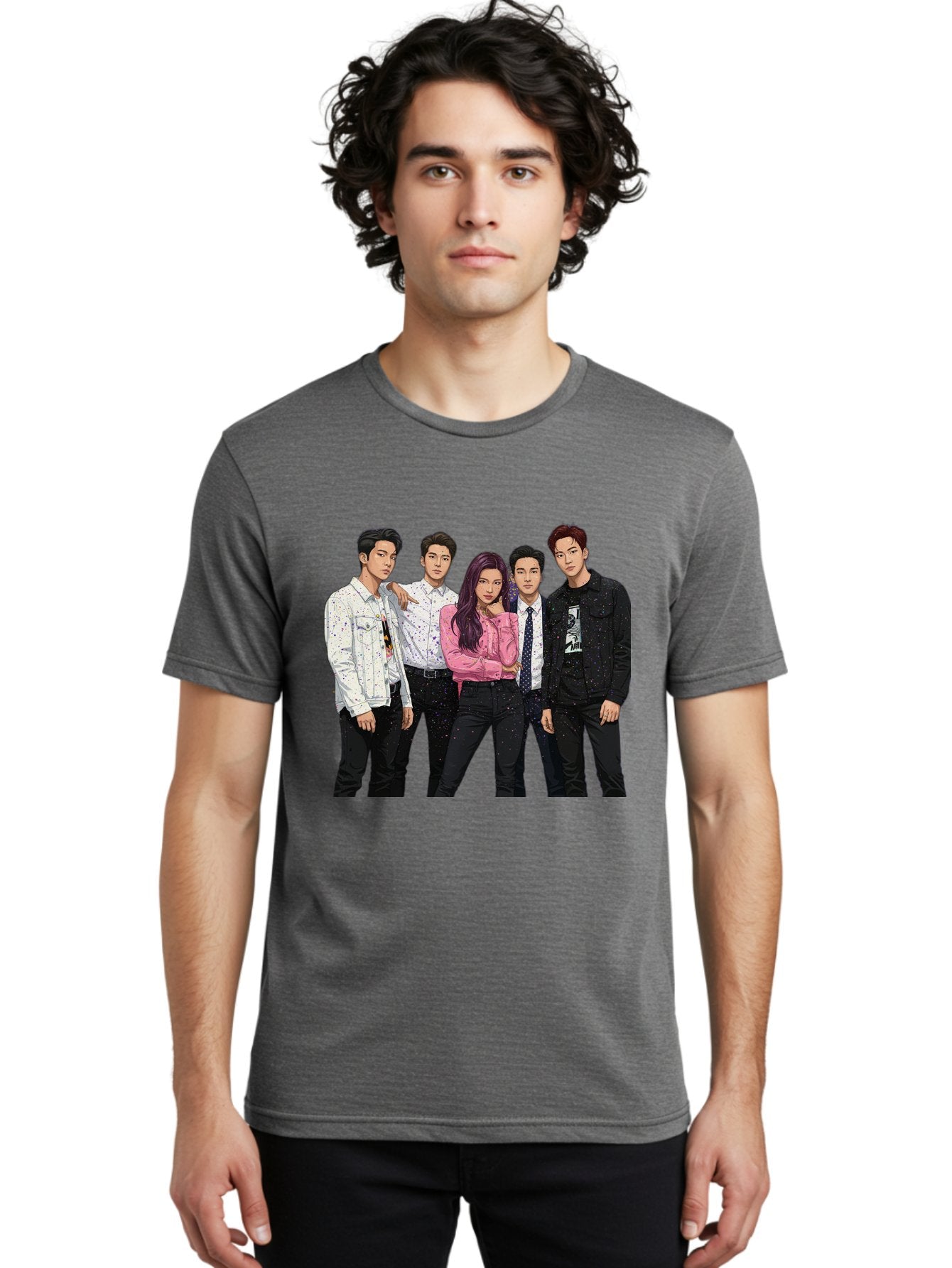 Five-People Men'S Graphic Tee, 100% Cotton, Comfortable Casual Summer Wear, Machine Washable, Group Of Young Adults, Casual Fashion, Streetwear Style, Pink Shirt, White Shirts, Black Pants, Denim Jackets, K-Pop Fashion Bab907 16