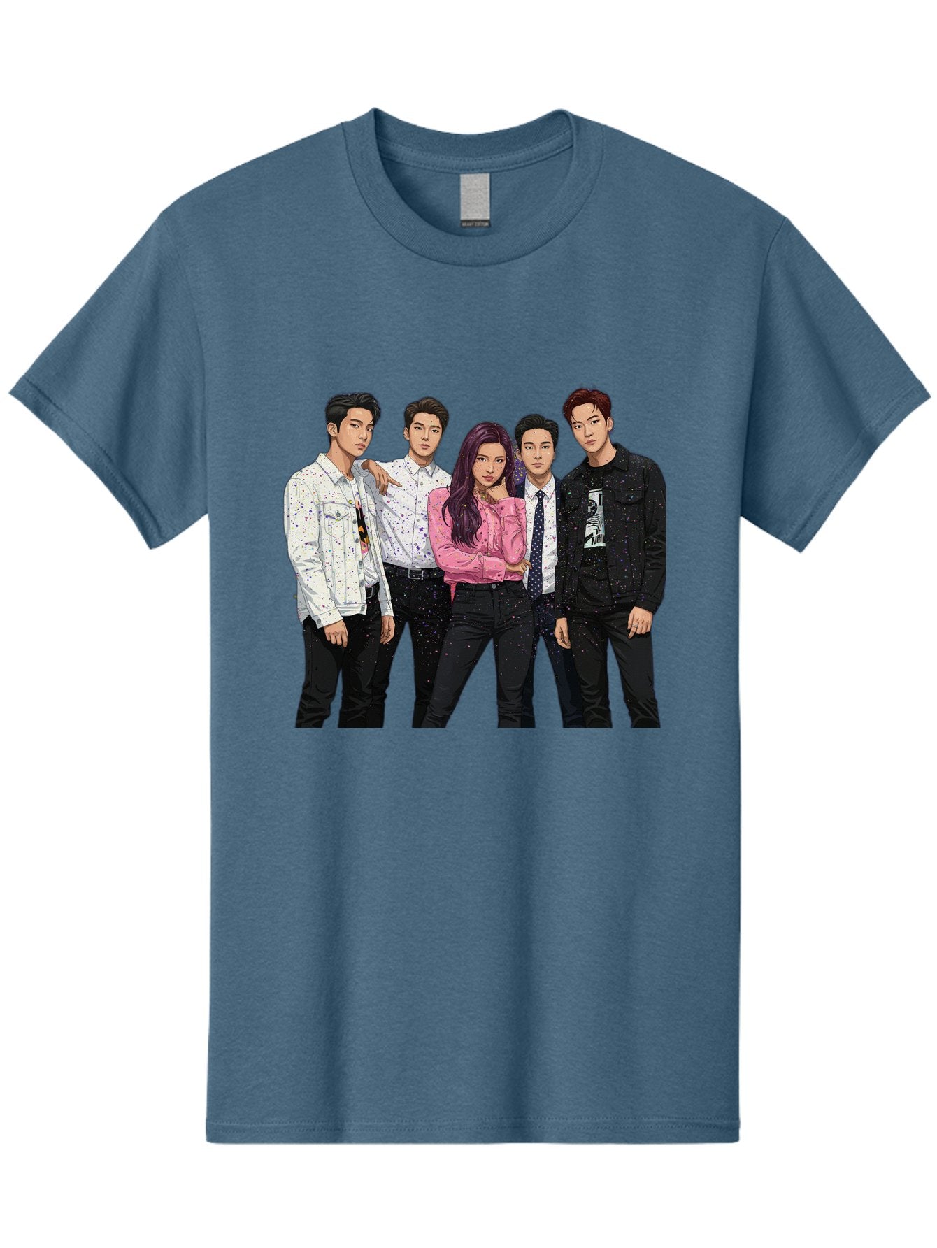 Five-People Men'S Graphic Tee, 100% Cotton, Comfortable Casual Summer Wear, Machine Washable, Group Of Young Adults, Casual Fashion, Streetwear Style, Pink Shirt, White Shirts, Black Pants, Denim Jackets, K-Pop Fashion Bab907 12