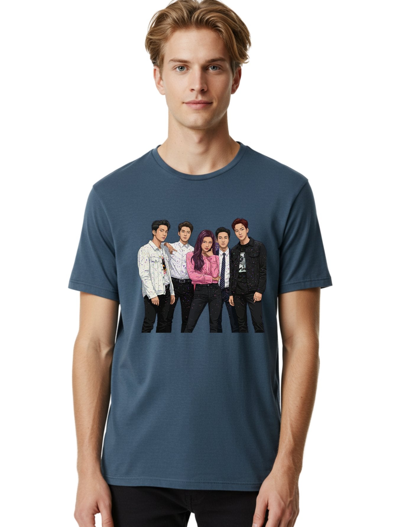 Five-People Men'S Graphic Tee, 100% Cotton, Comfortable Casual Summer Wear, Machine Washable, Group Of Young Adults, Casual Fashion, Streetwear Style, Pink Shirt, White Shirts, Black Pants, Denim Jackets, K-Pop Fashion Bab907 28