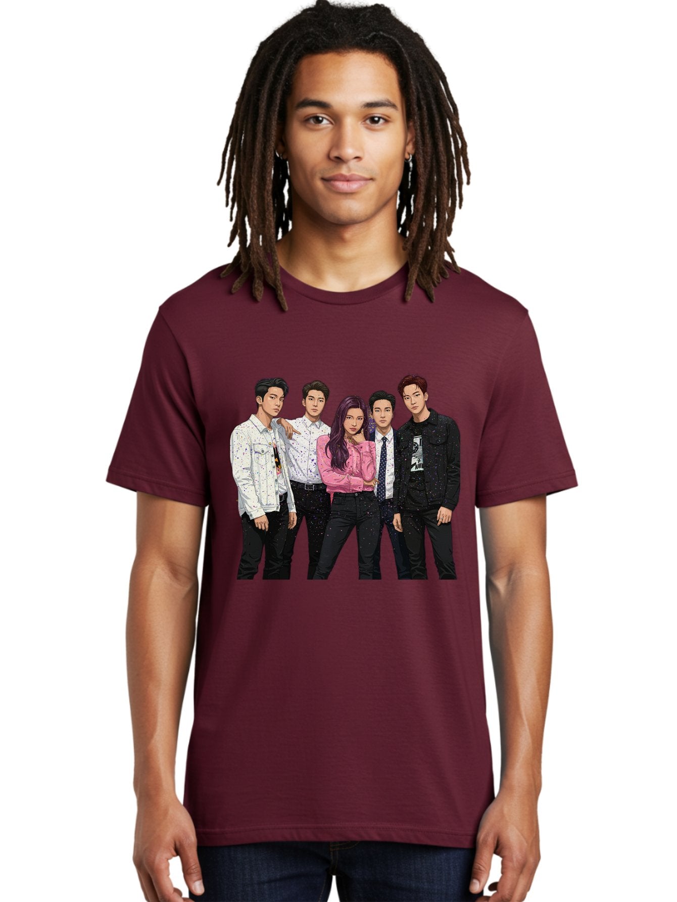 Five-People Men'S Graphic Tee, 100% Cotton, Comfortable Casual Summer Wear, Machine Washable, Group Of Young Adults, Casual Fashion, Streetwear Style, Pink Shirt, White Shirts, Black Pants, Denim Jackets, K-Pop Fashion Bab907 23