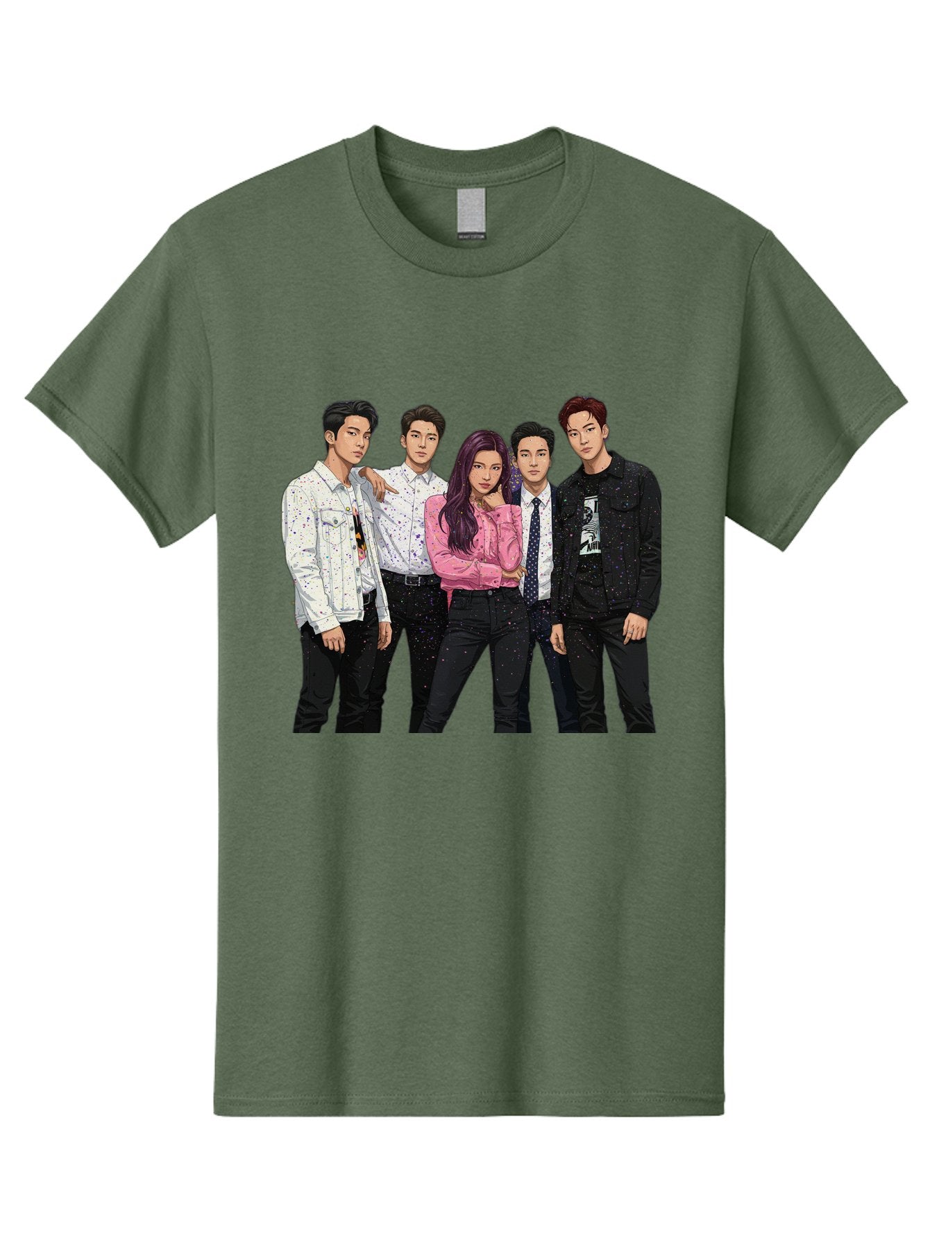 Five-People Men'S Graphic Tee, 100% Cotton, Comfortable Casual Summer Wear, Machine Washable, Group Of Young Adults, Casual Fashion, Streetwear Style, Pink Shirt, White Shirts, Black Pants, Denim Jackets, K-Pop Fashion Bab907 6