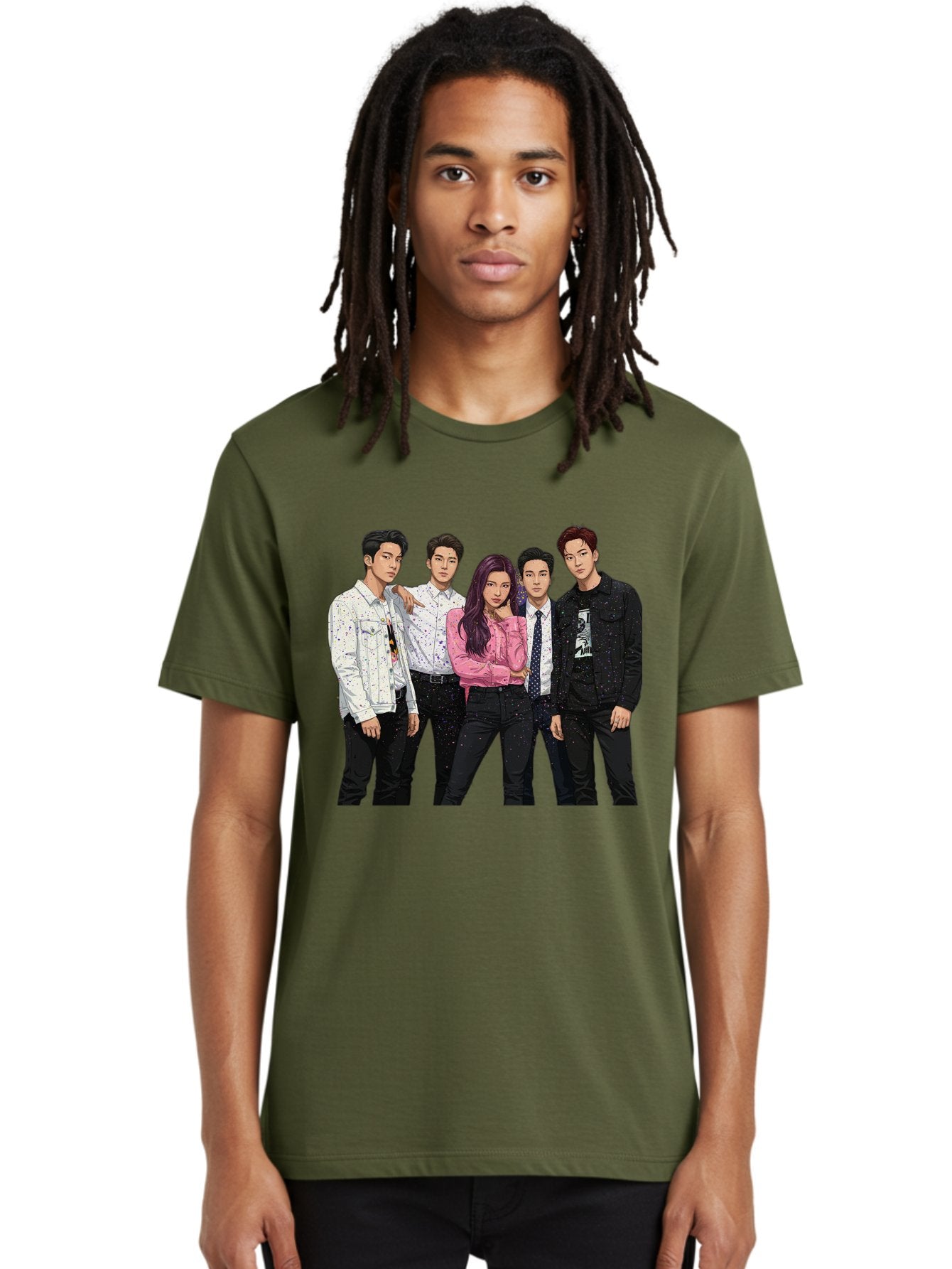 Five-People Men'S Graphic Tee, 100% Cotton, Comfortable Casual Summer Wear, Machine Washable, Group Of Young Adults, Casual Fashion, Streetwear Style, Pink Shirt, White Shirts, Black Pants, Denim Jackets, K-Pop Fashion Bab907 24