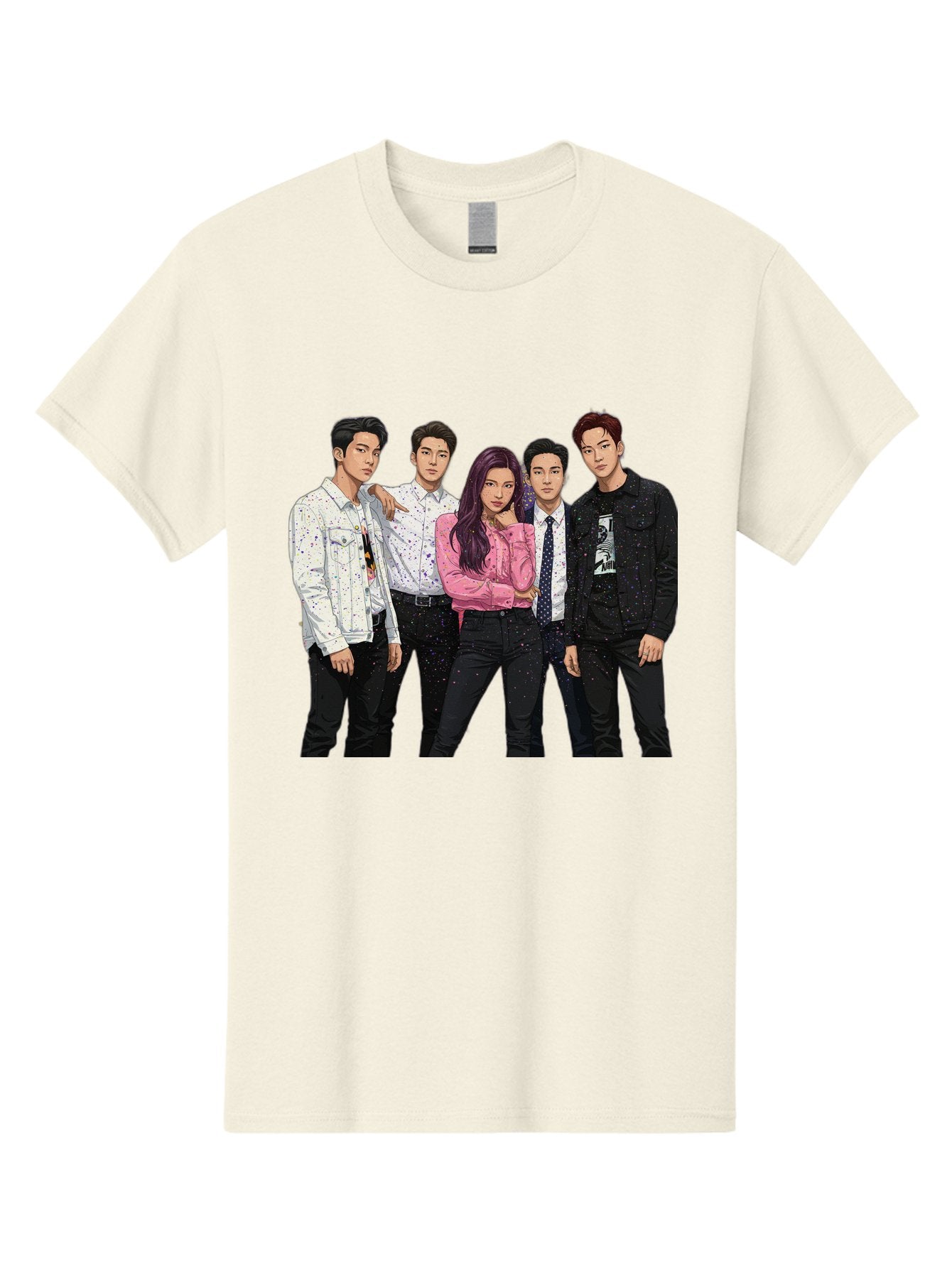 Five-People Men'S Graphic Tee, 100% Cotton, Comfortable Casual Summer Wear, Machine Washable, Group Of Young Adults, Casual Fashion, Streetwear Style, Pink Shirt, White Shirts, Black Pants, Denim Jackets, K-Pop Fashion Bab907 3