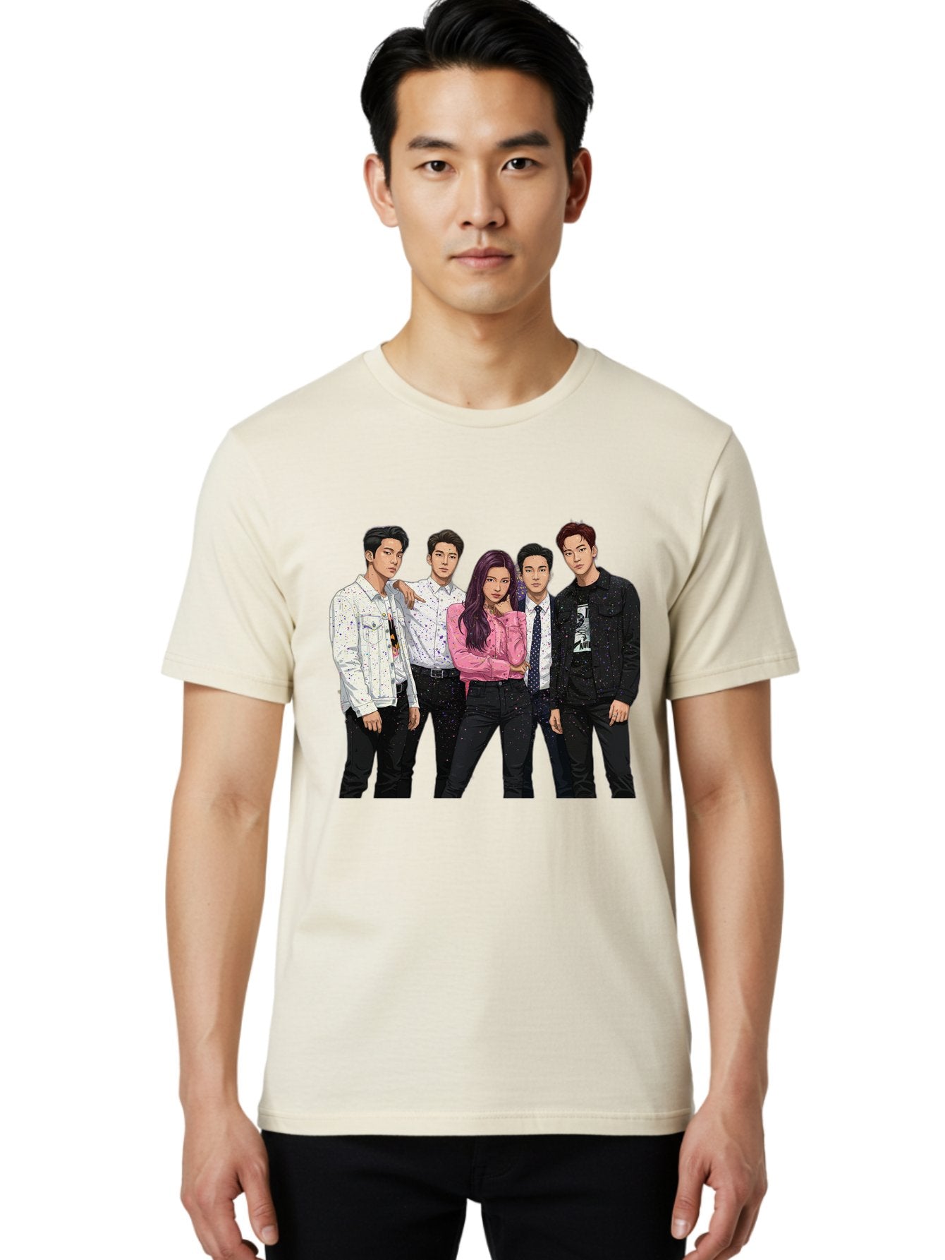 Five-People Men'S Graphic Tee, 100% Cotton, Comfortable Casual Summer Wear, Machine Washable, Group Of Young Adults, Casual Fashion, Streetwear Style, Pink Shirt, White Shirts, Black Pants, Denim Jackets, K-Pop Fashion Bab907 22