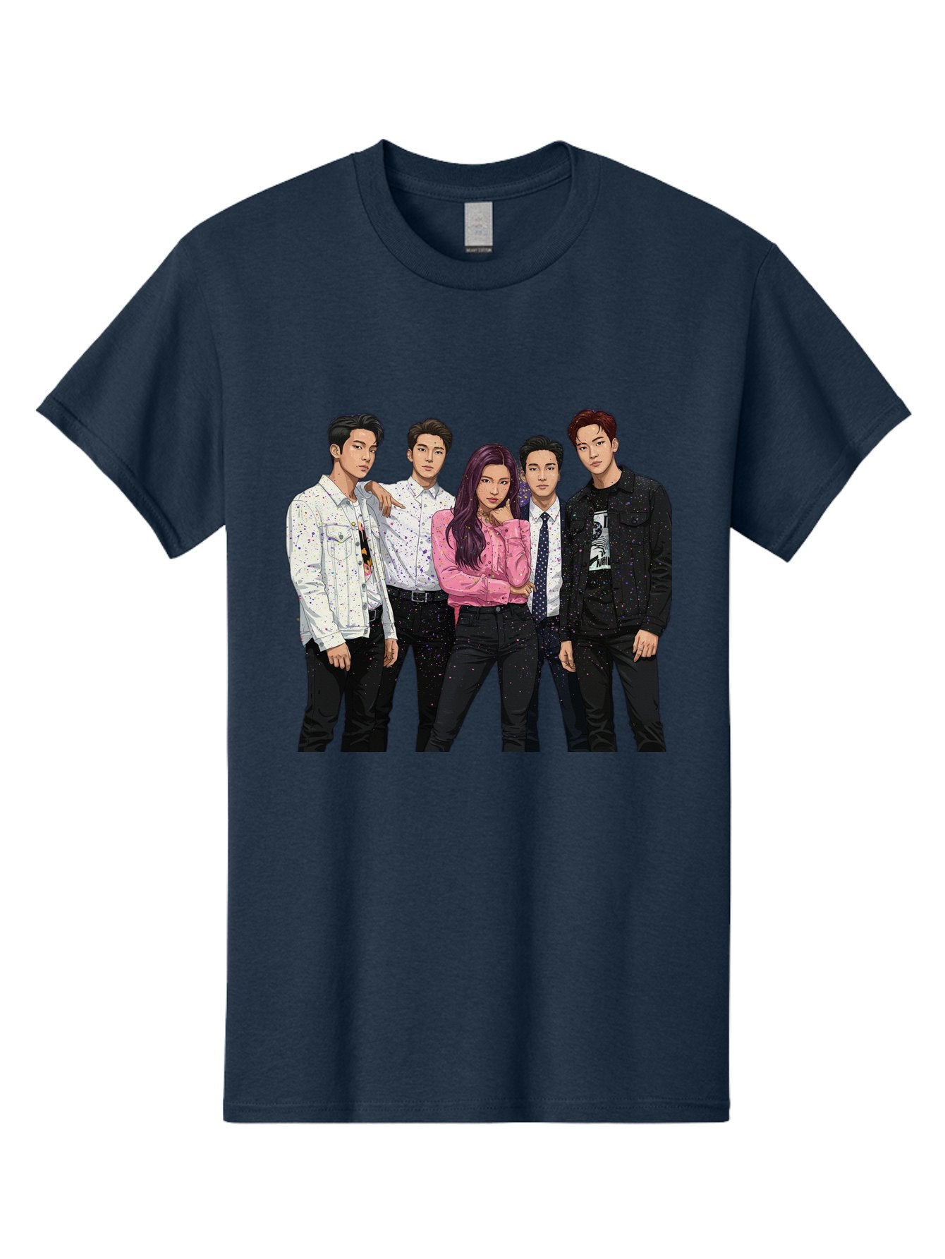 Five-People Men'S Graphic Tee, 100% Cotton, Comfortable Casual Summer Wear, Machine Washable, Group Of Young Adults, Casual Fashion, Streetwear Style, Pink Shirt, White Shirts, Black Pants, Denim Jackets, K-Pop Fashion Bab907 14