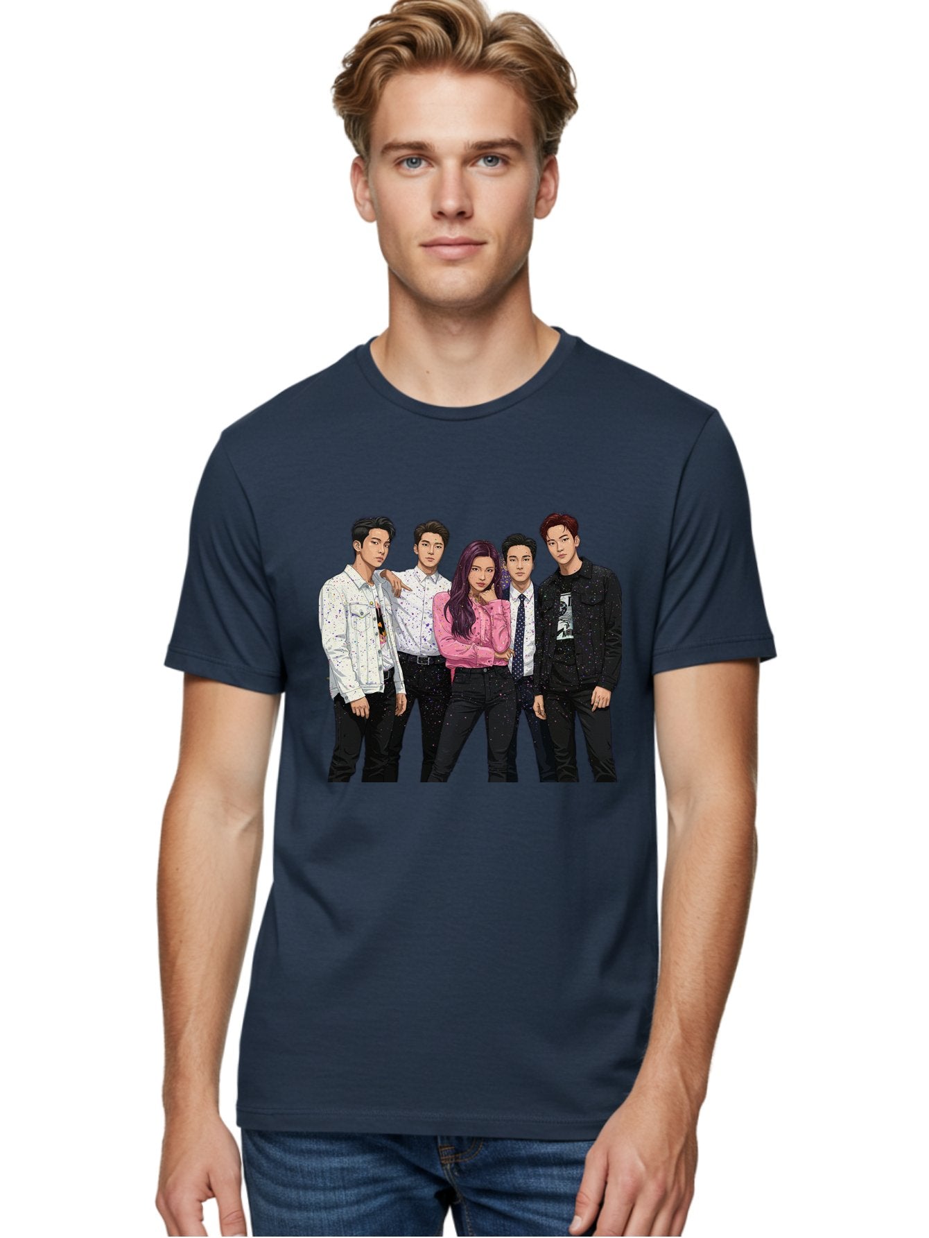 Five-People Men'S Graphic Tee, 100% Cotton, Comfortable Casual Summer Wear, Machine Washable, Group Of Young Adults, Casual Fashion, Streetwear Style, Pink Shirt, White Shirts, Black Pants, Denim Jackets, K-Pop Fashion Bab907 29