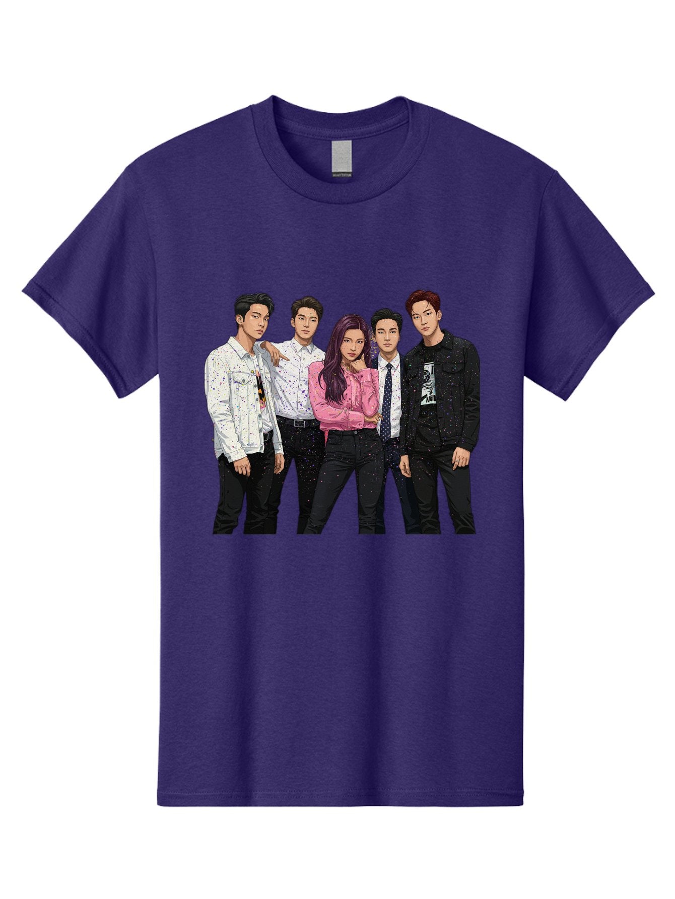 Five-People Men'S Graphic Tee, 100% Cotton, Comfortable Casual Summer Wear, Machine Washable, Group Of Young Adults, Casual Fashion, Streetwear Style, Pink Shirt, White Shirts, Black Pants, Denim Jackets, K-Pop Fashion Bab907 4