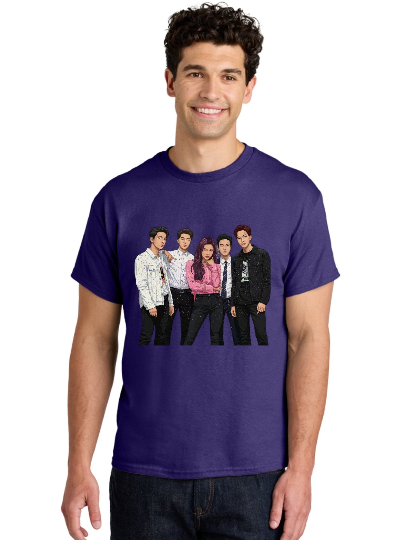 Five-People Men'S Graphic Tee, 100% Cotton, Comfortable Casual Summer Wear, Machine Washable, Group Of Young Adults, Casual Fashion, Streetwear Style, Pink Shirt, White Shirts, Black Pants, Denim Jackets, K-Pop Fashion Bab907 18