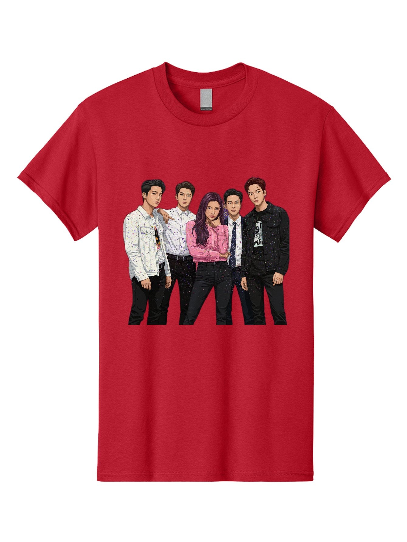 Five-People Men'S Graphic Tee, 100% Cotton, Comfortable Casual Summer Wear, Machine Washable, Group Of Young Adults, Casual Fashion, Streetwear Style, Pink Shirt, White Shirts, Black Pants, Denim Jackets, K-Pop Fashion Bab907 8