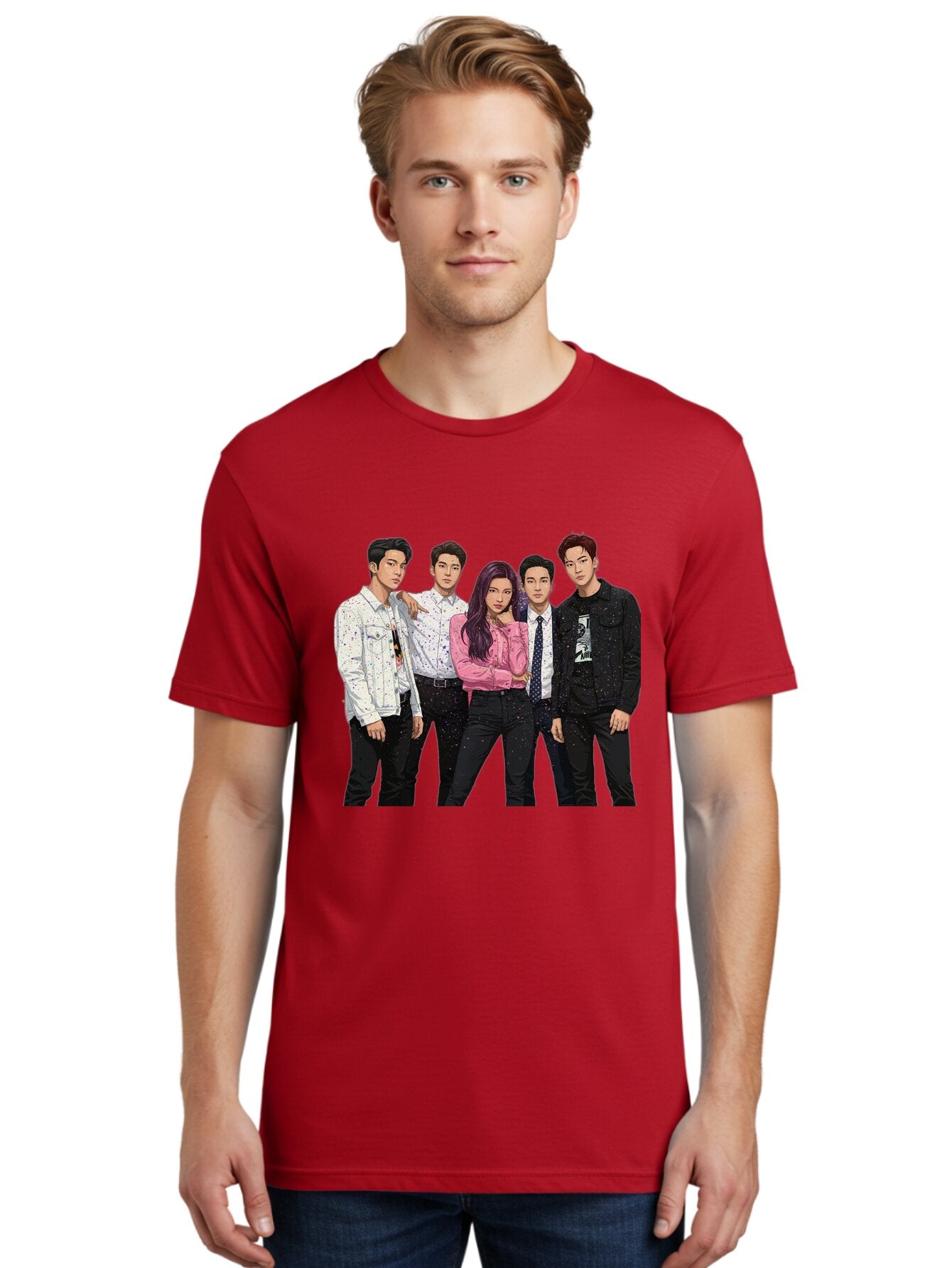 Five-People Men'S Graphic Tee, 100% Cotton, Comfortable Casual Summer Wear, Machine Washable, Group Of Young Adults, Casual Fashion, Streetwear Style, Pink Shirt, White Shirts, Black Pants, Denim Jackets, K-Pop Fashion Bab907 25