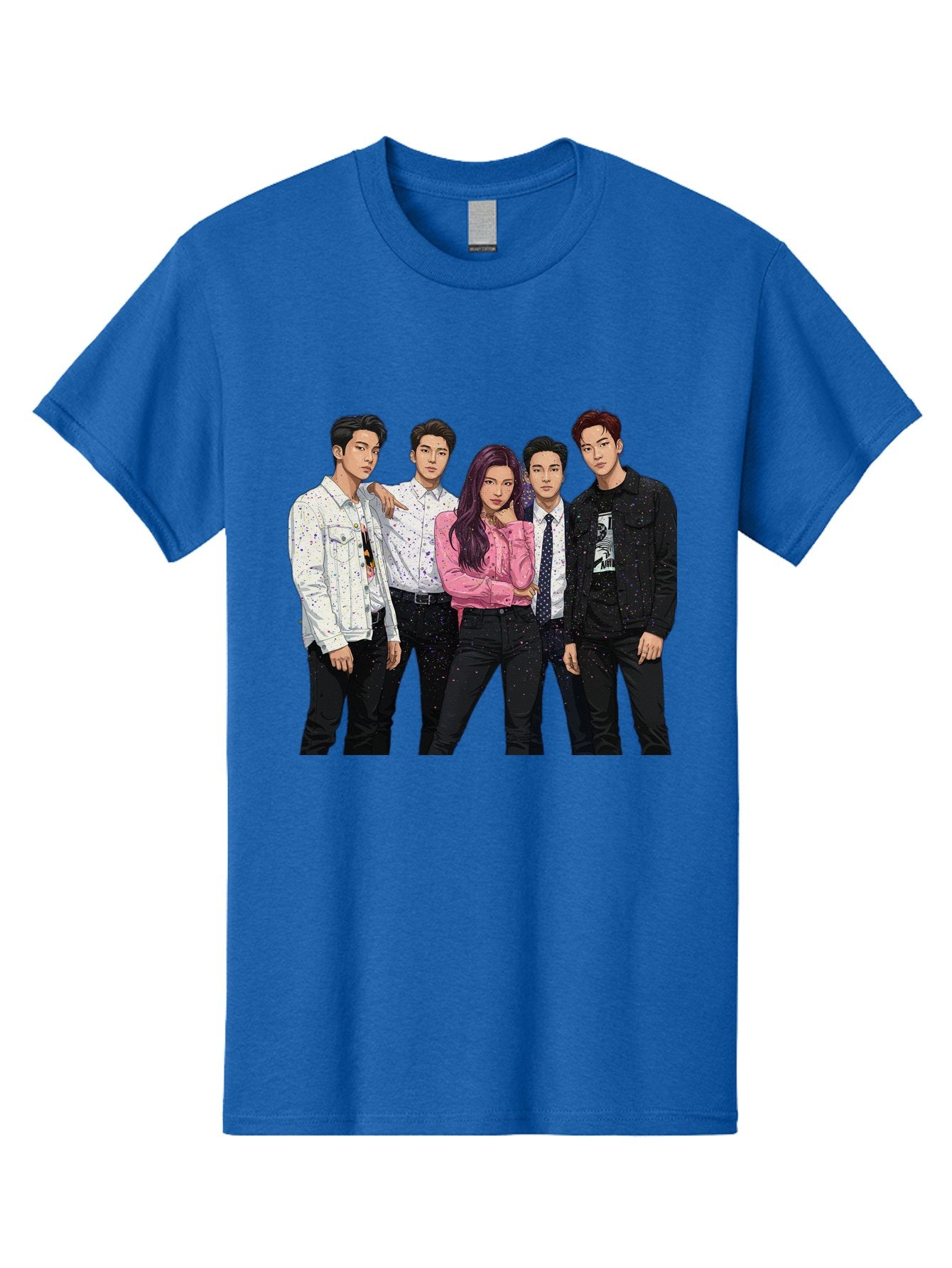 Five-People Men'S Graphic Tee, 100% Cotton, Comfortable Casual Summer Wear, Machine Washable, Group Of Young Adults, Casual Fashion, Streetwear Style, Pink Shirt, White Shirts, Black Pants, Denim Jackets, K-Pop Fashion Bab907 15