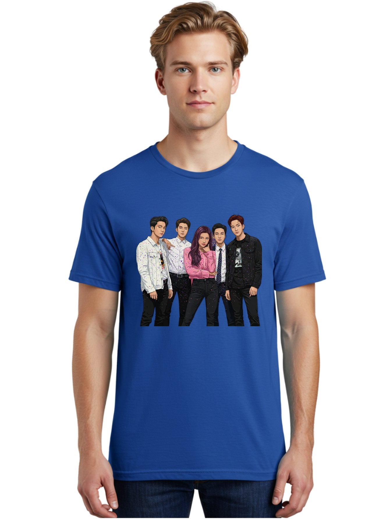 Five-People Men'S Graphic Tee, 100% Cotton, Comfortable Casual Summer Wear, Machine Washable, Group Of Young Adults, Casual Fashion, Streetwear Style, Pink Shirt, White Shirts, Black Pants, Denim Jackets, K-Pop Fashion Bab907 30