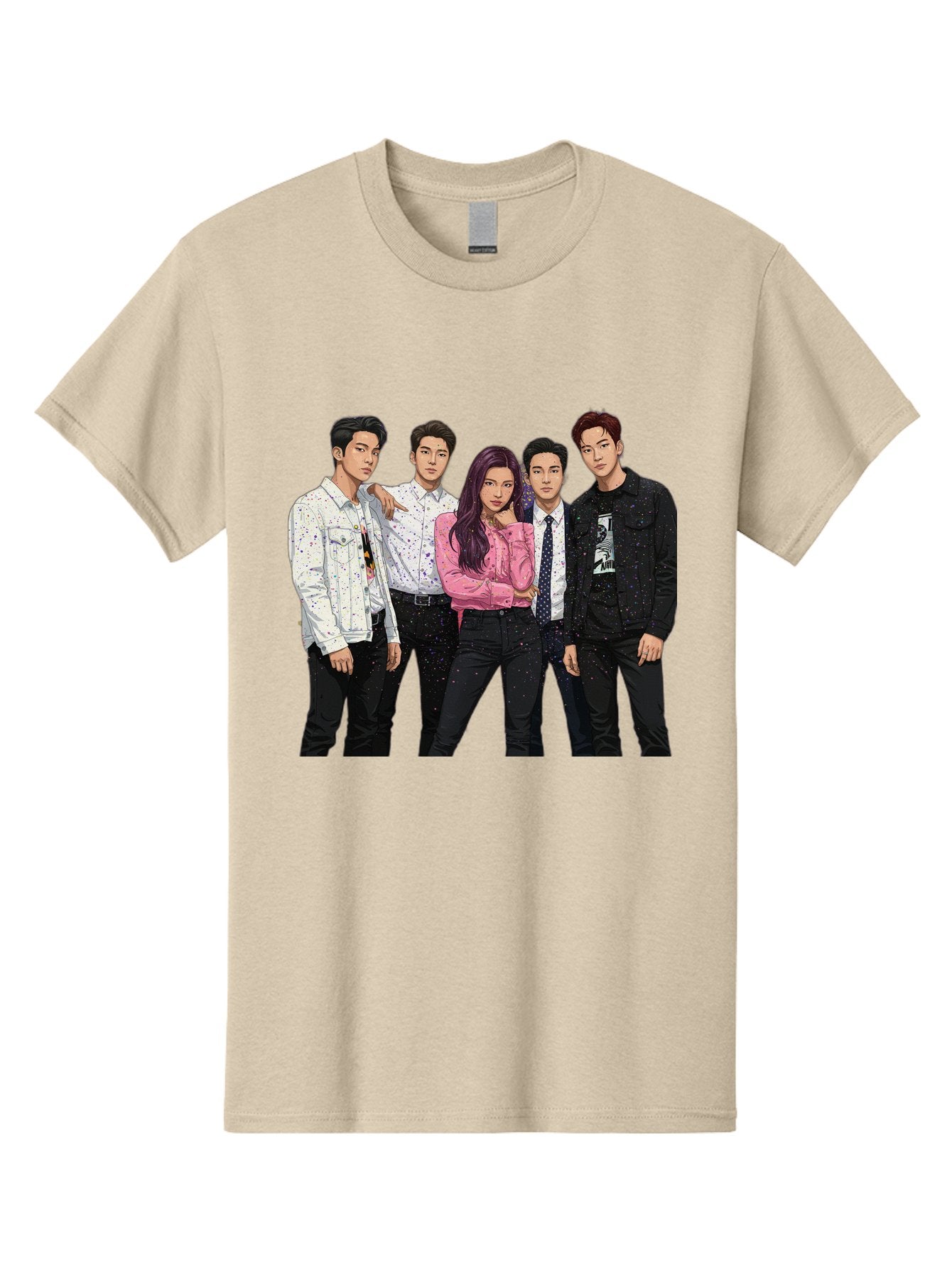 Five-People Men'S Graphic Tee, 100% Cotton, Comfortable Casual Summer Wear, Machine Washable, Group Of Young Adults, Casual Fashion, Streetwear Style, Pink Shirt, White Shirts, Black Pants, Denim Jackets, K-Pop Fashion Bab907