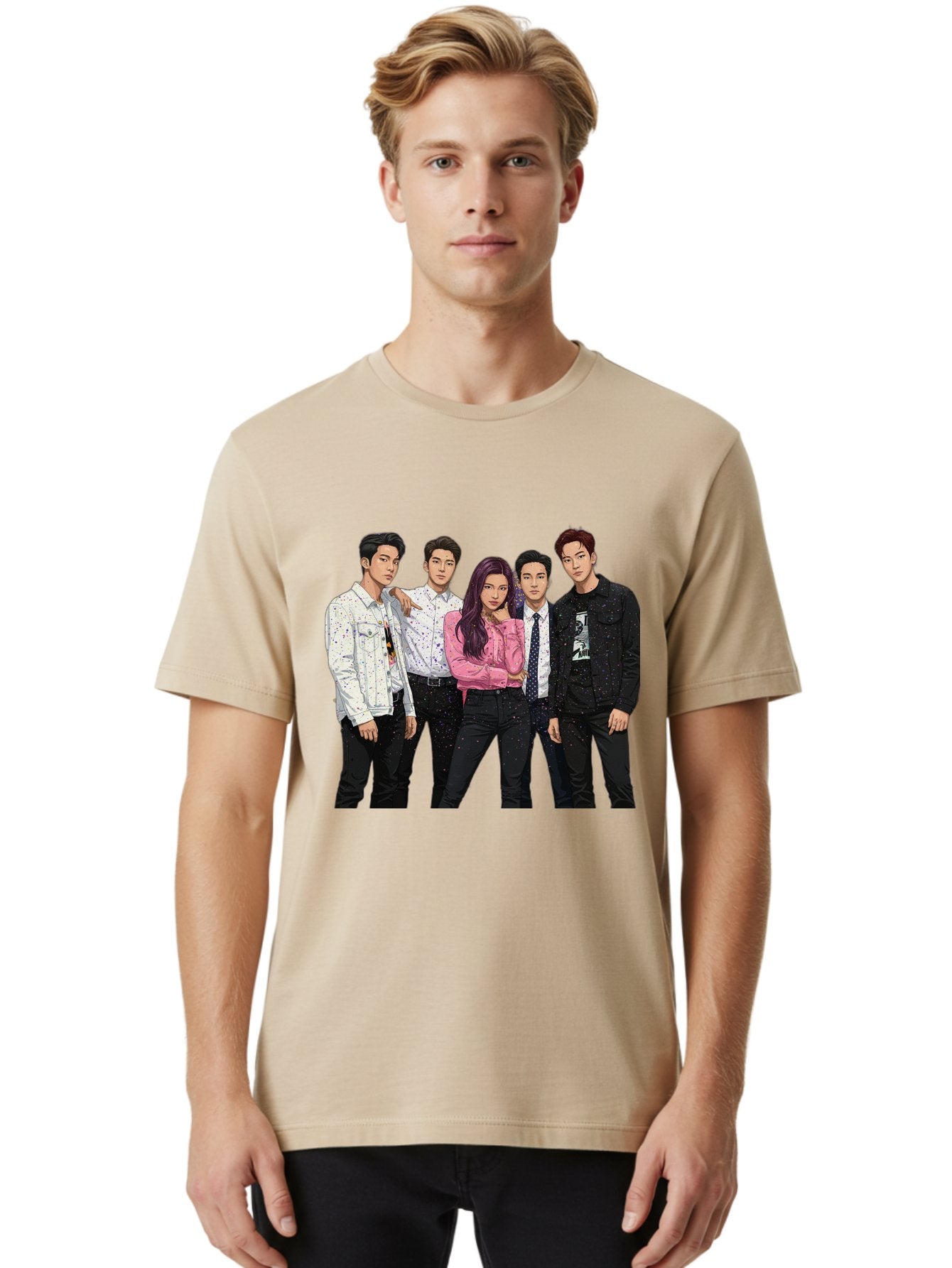 Five-People Men'S Graphic Tee, 100% Cotton, Comfortable Casual Summer Wear, Machine Washable, Group Of Young Adults, Casual Fashion, Streetwear Style, Pink Shirt, White Shirts, Black Pants, Denim Jackets, K-Pop Fashion Bab907 19