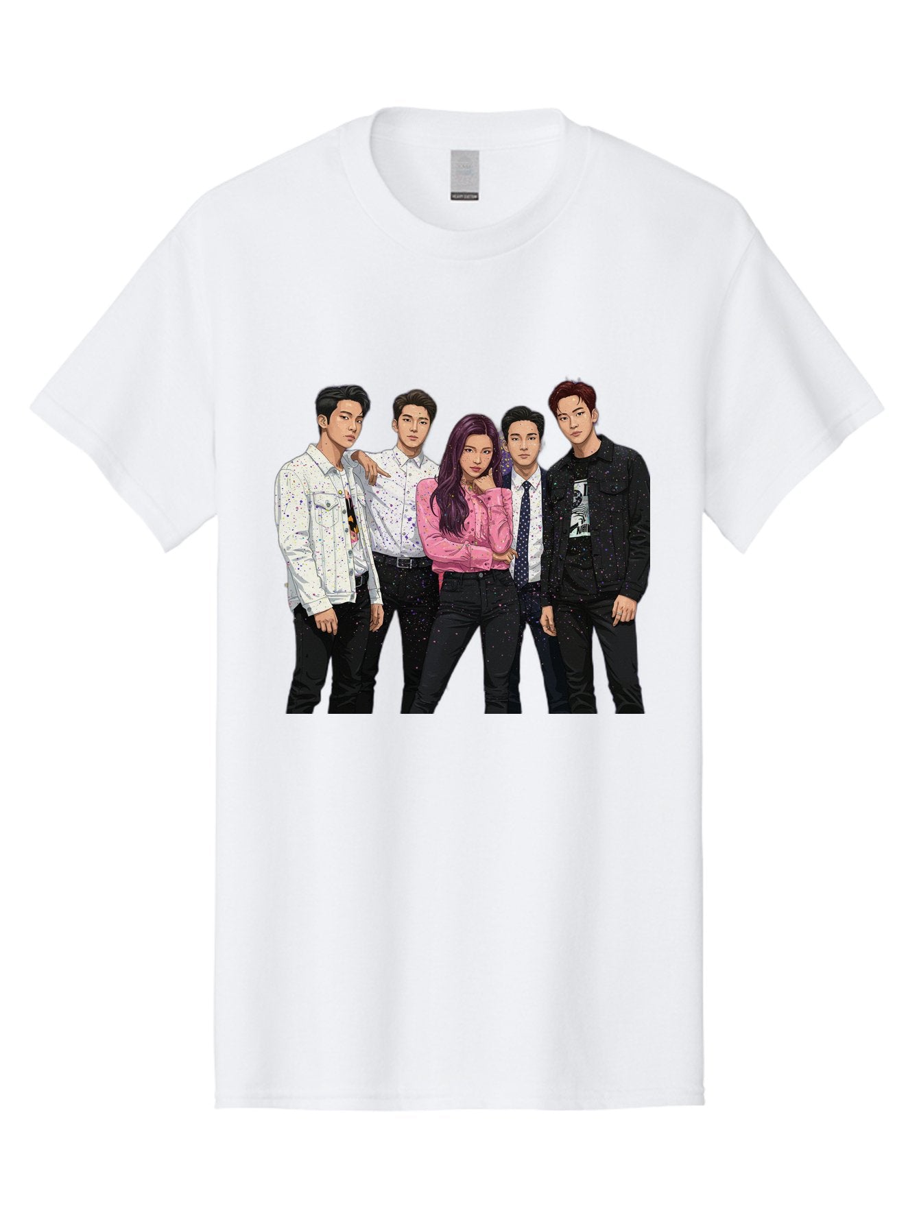 Five-People Men'S Graphic Tee, 100% Cotton, Comfortable Casual Summer Wear, Machine Washable, Group Of Young Adults, Casual Fashion, Streetwear Style, Pink Shirt, White Shirts, Black Pants, Denim Jackets, K-Pop Fashion Bab907 11