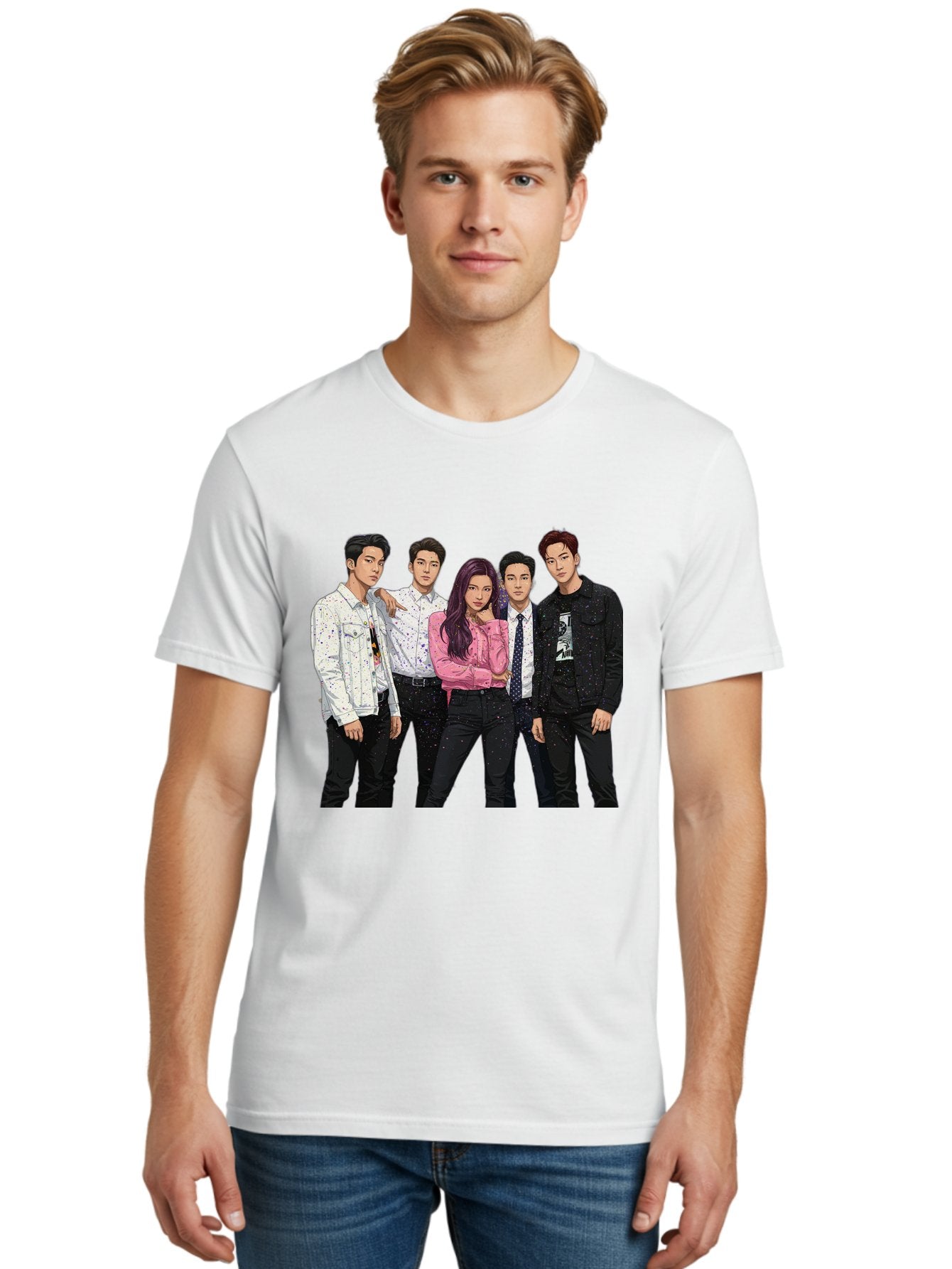 Five-People Men'S Graphic Tee, 100% Cotton, Comfortable Casual Summer Wear, Machine Washable, Group Of Young Adults, Casual Fashion, Streetwear Style, Pink Shirt, White Shirts, Black Pants, Denim Jackets, K-Pop Fashion Bab907 27