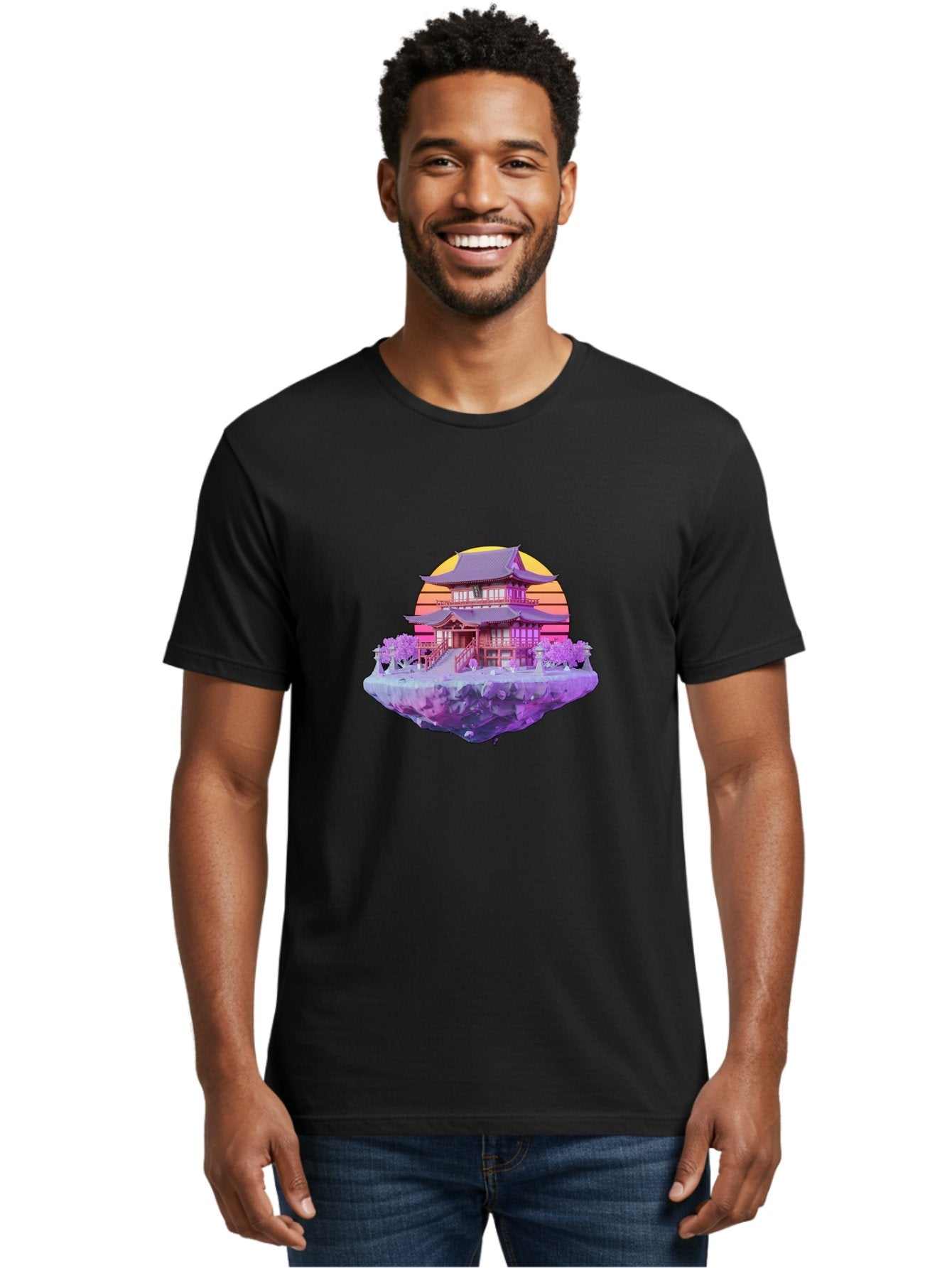 Floating-Pagoda Men'S Graphic Tee, 100% Cotton, Comfortable Casual Summer Wear, Machine Washable, Japanese Pagoda, Floating Island, Serene Landscape, Fantastical Scenery, Vibrant Colors, Peaceful Atmosphere, Surreal Art, Dreamy Landscape, Bab910 25