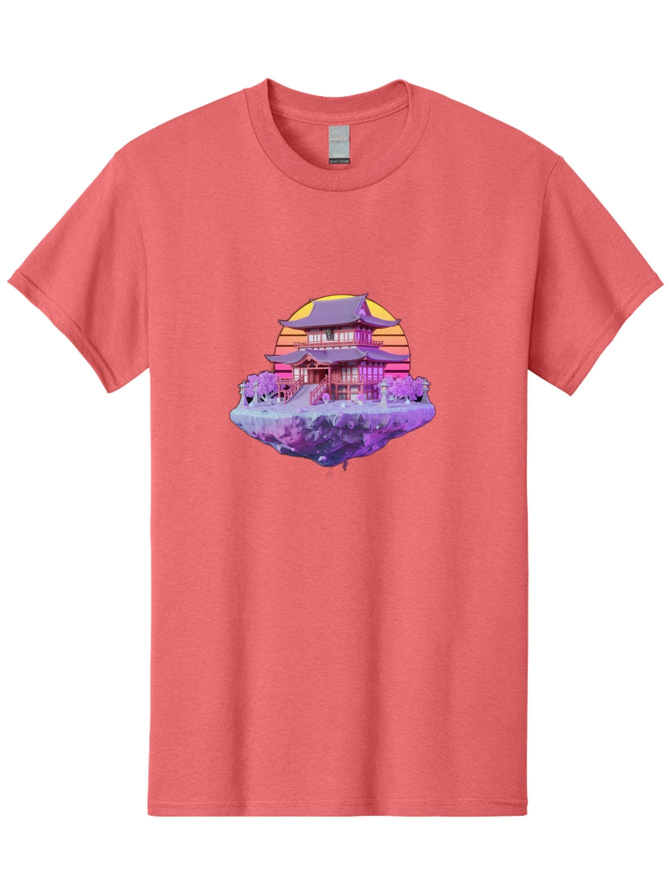 Floating-Pagoda Men'S Graphic Tee, 100% Cotton, Comfortable Casual Summer Wear, Machine Washable, Japanese Pagoda, Floating Island, Serene Landscape, Fantastical Scenery, Vibrant Colors, Peaceful Atmosphere, Surreal Art, Dreamy Landscape, Bab910 5