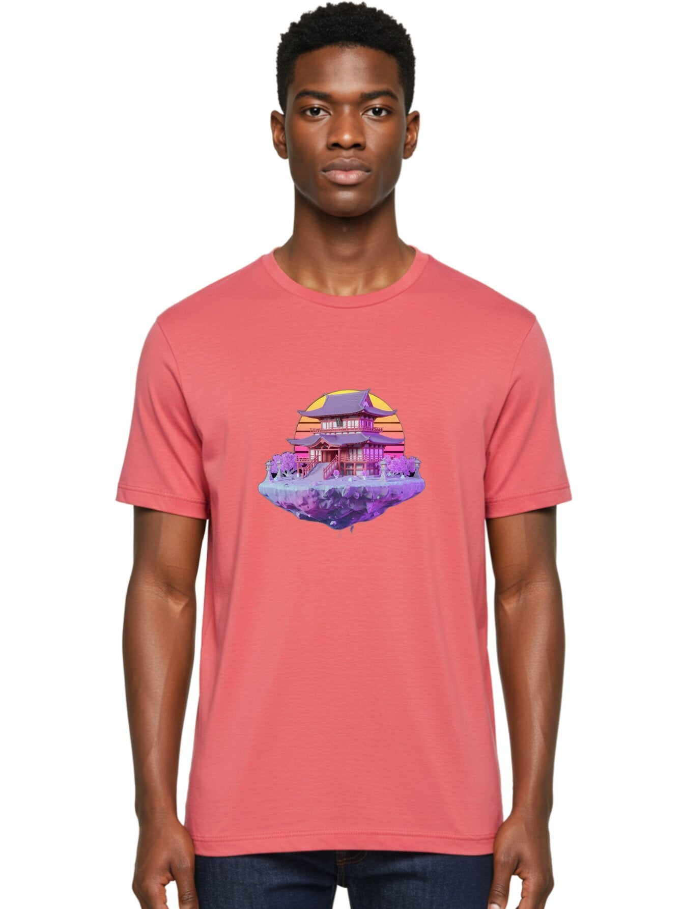 Floating-Pagoda Men'S Graphic Tee, 100% Cotton, Comfortable Casual Summer Wear, Machine Washable, Japanese Pagoda, Floating Island, Serene Landscape, Fantastical Scenery, Vibrant Colors, Peaceful Atmosphere, Surreal Art, Dreamy Landscape, Bab910 23