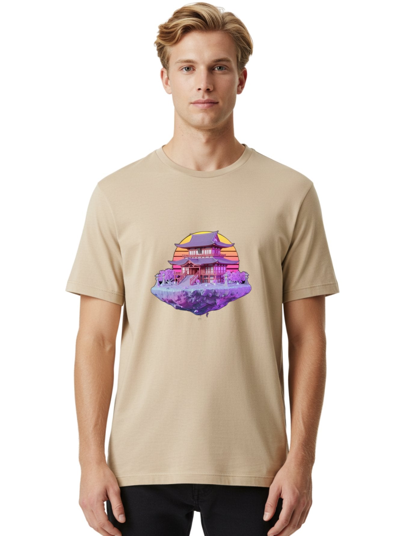Floating-Pagoda Men'S Graphic Tee, 100% Cotton, Comfortable Casual Summer Wear, Machine Washable, Japanese Pagoda, Floating Island, Serene Landscape, Fantastical Scenery, Vibrant Colors, Peaceful Atmosphere, Surreal Art, Dreamy Landscape, Bab910 19