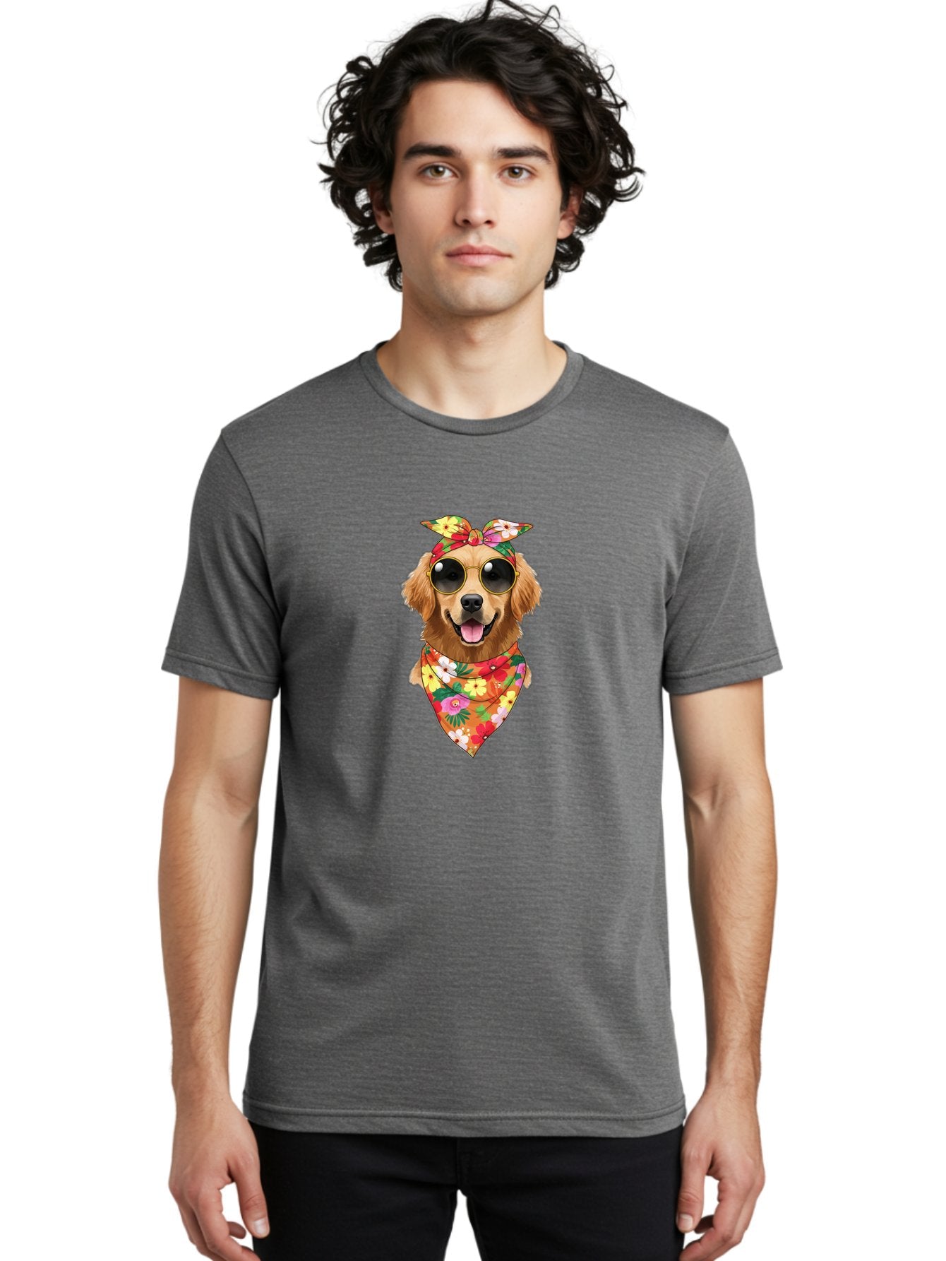 Floral-Dog Men'S Graphic Tee, 100% Cotton, Comfortable Casual Summer Wear, Machine Washable, Dog Wearing Sunglasses, Floral Bandana, Cool Dog, Happy Dog, Funky Pet, Hippie Dog, Cartoon Dog, Pet Fashion, Trendy Dog Accessories, Dog Apparel Bab911 28