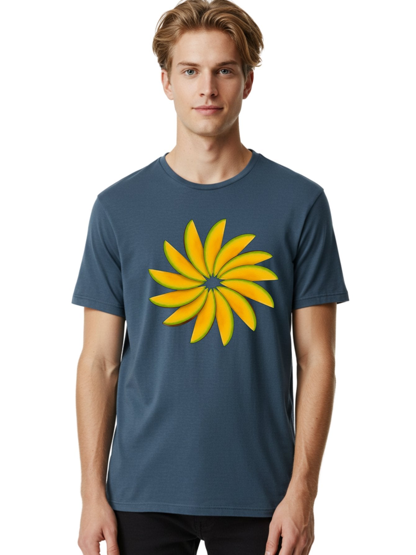 Flower Men'S Graphic Tee, 100% Cotton, Comfortable Casual Summer Wear, Machine Washable, Yellow Flower, Floral Design, Digital Art, Vibrant Petals, Graphic Illustration, Flower Graphic, Orange-Yellow Hues, Symmetrical Shape, Stylized Bloom Bab912 22