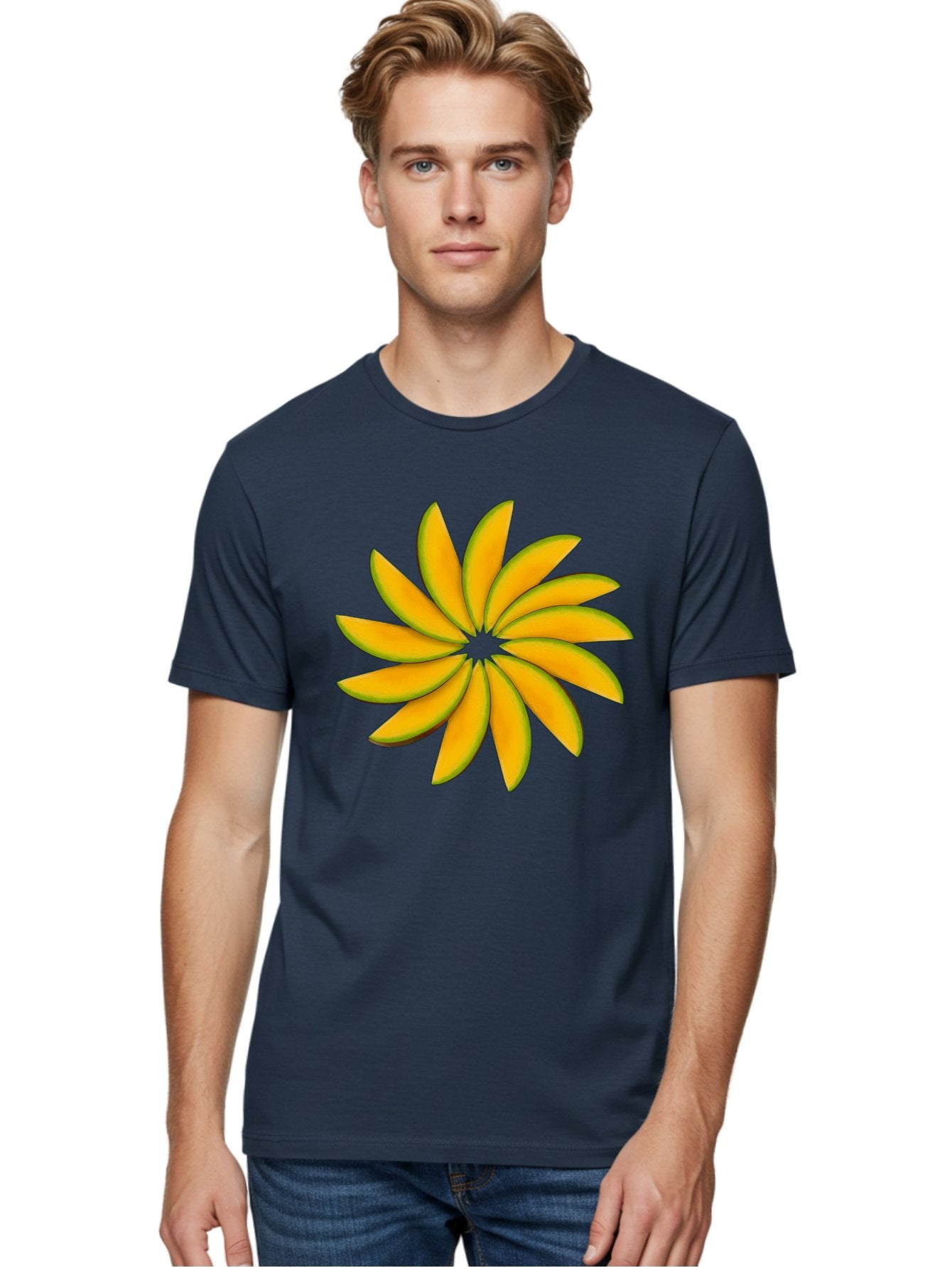Flower Men'S Graphic Tee, 100% Cotton, Comfortable Casual Summer Wear, Machine Washable, Yellow Flower, Floral Design, Digital Art, Vibrant Petals, Graphic Illustration, Flower Graphic, Orange-Yellow Hues, Symmetrical Shape, Stylized Bloom Bab912 20