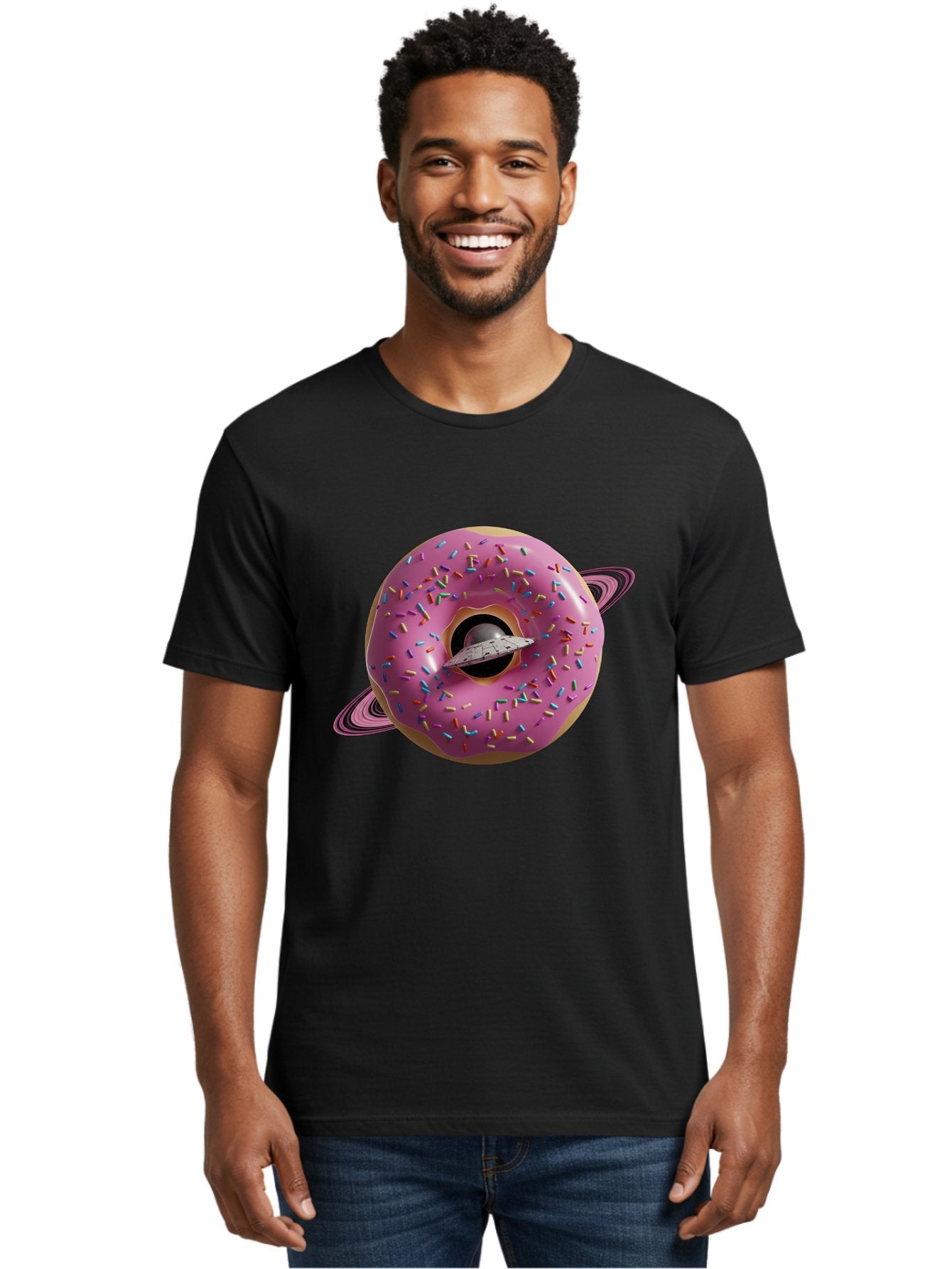 Flying-Saucer-Donut-Planet Men'S Graphic Tee, 100% Cotton, Comfortable Casual Summer Wear, Machine Washable, Pink Donut Planet, Donut With Sprinkles, Ufo Flying Through Donut, Pastel Colors, Pastel Donut, Sprinkles, Surreal Scene, Donut Hole, Bab913 30