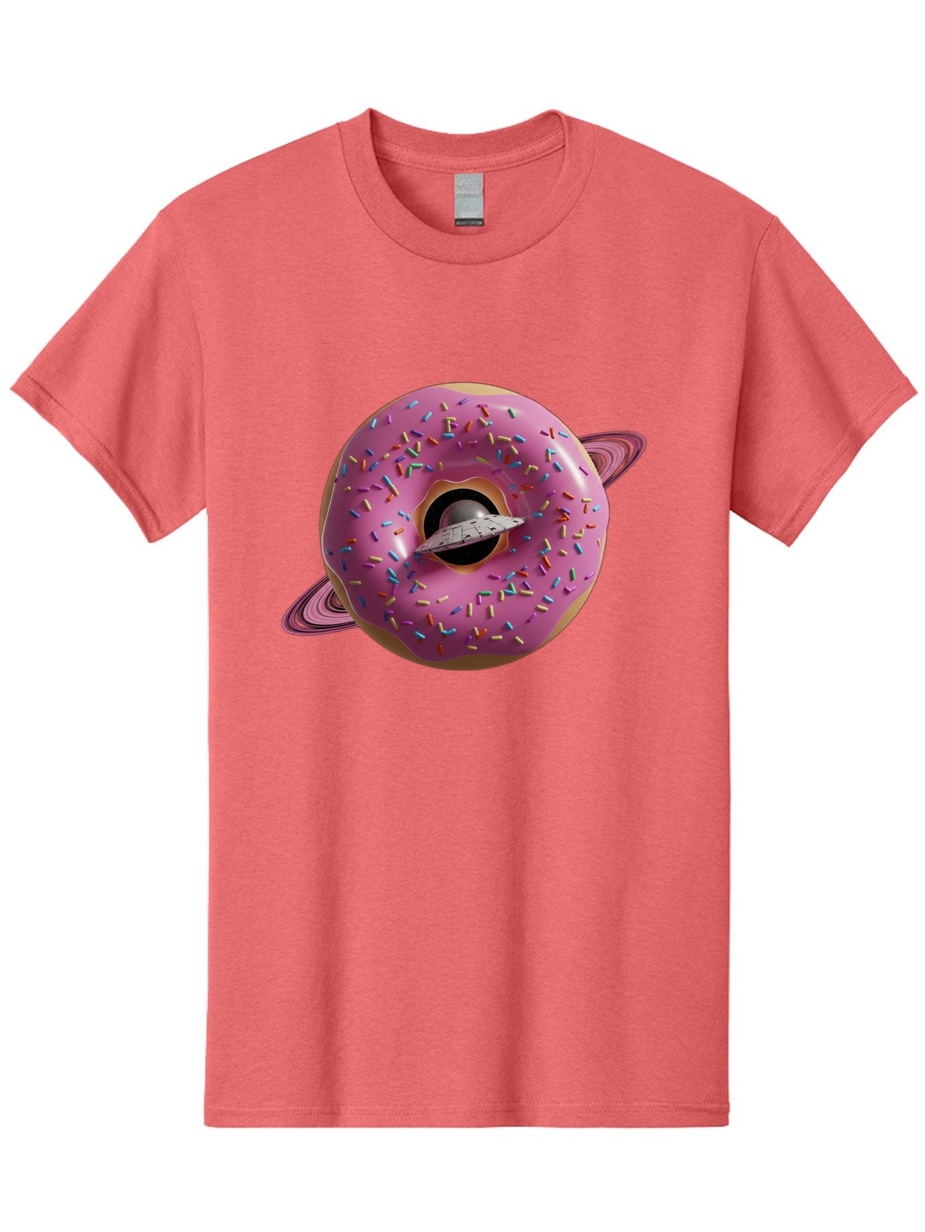 Flying-Saucer-Donut-Planet Men'S Graphic Tee, 100% Cotton, Comfortable Casual Summer Wear, Machine Washable, Pink Donut Planet, Donut With Sprinkles, Ufo Flying Through Donut, Pastel Colors, Pastel Donut, Sprinkles, Surreal Scene, Donut Hole, Bab913 12