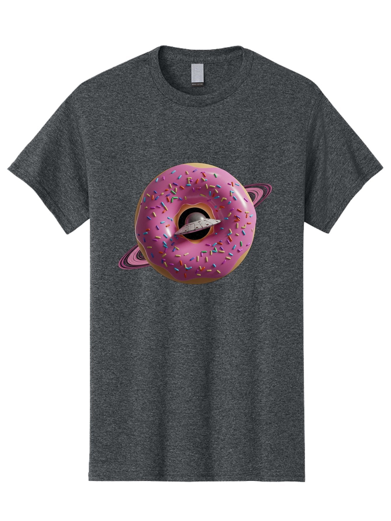 Flying-Saucer-Donut-Planet Men'S Graphic Tee, 100% Cotton, Comfortable Casual Summer Wear, Machine Washable, Pink Donut Planet, Donut With Sprinkles, Ufo Flying Through Donut, Pastel Colors, Pastel Donut, Sprinkles, Surreal Scene, Donut Hole, Bab913