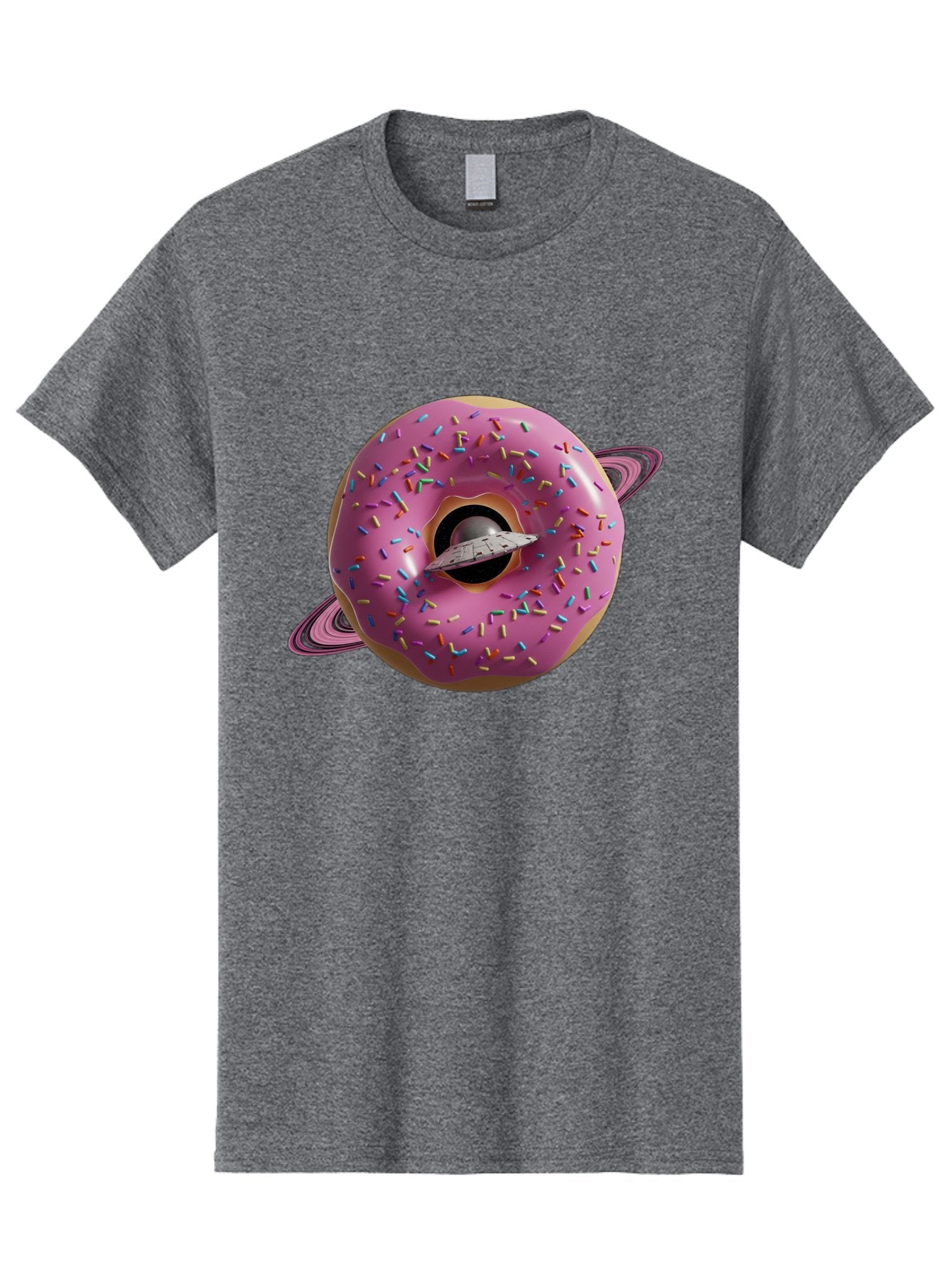 Flying-Saucer-Donut-Planet Men'S Graphic Tee, 100% Cotton, Comfortable Casual Summer Wear, Machine Washable, Pink Donut Planet, Donut With Sprinkles, Ufo Flying Through Donut, Pastel Colors, Pastel Donut, Sprinkles, Surreal Scene, Donut Hole, Bab913 3