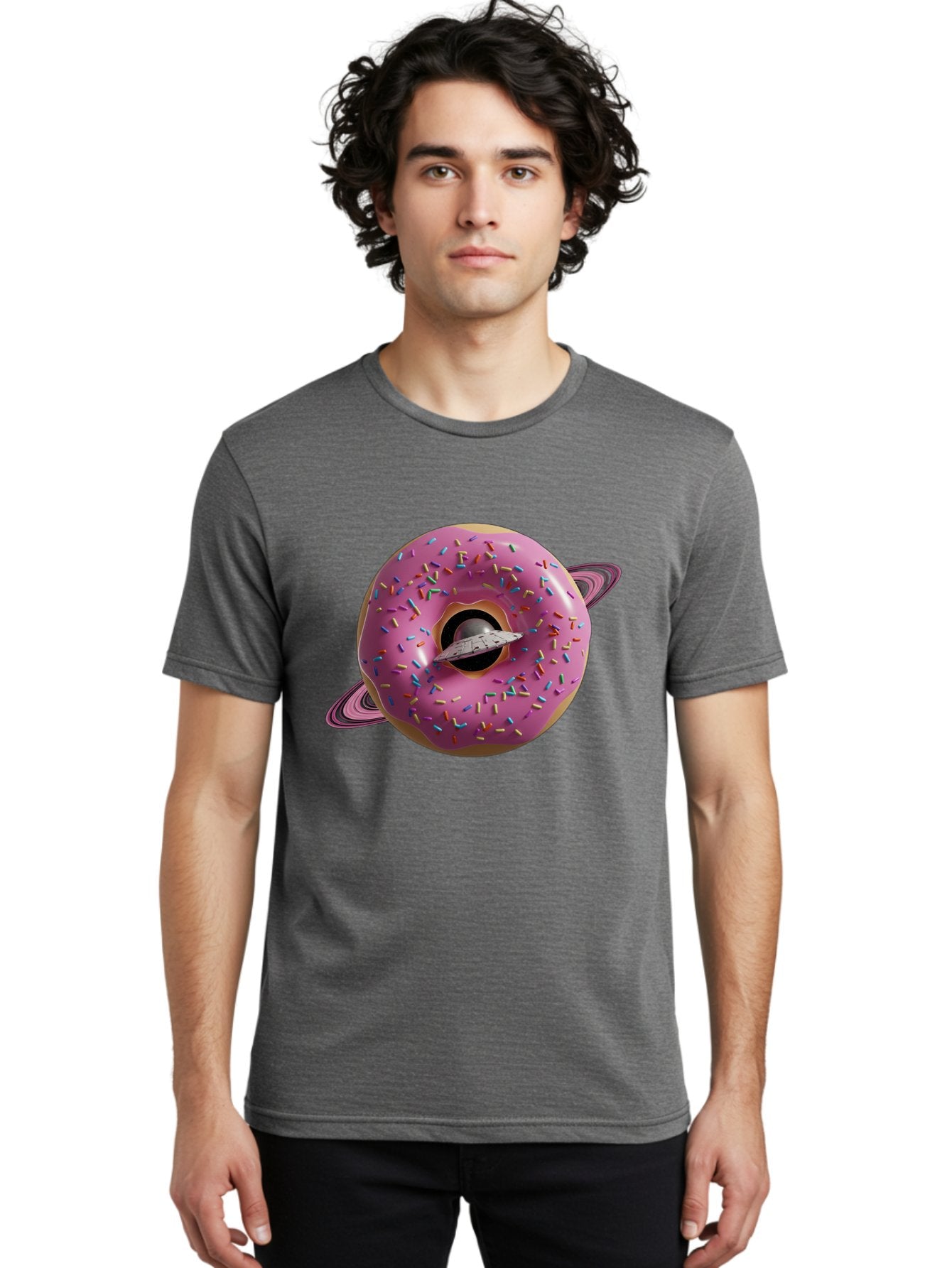 Flying-Saucer-Donut-Planet Men'S Graphic Tee, 100% Cotton, Comfortable Casual Summer Wear, Machine Washable, Pink Donut Planet, Donut With Sprinkles, Ufo Flying Through Donut, Pastel Colors, Pastel Donut, Sprinkles, Surreal Scene, Donut Hole, Bab913 22